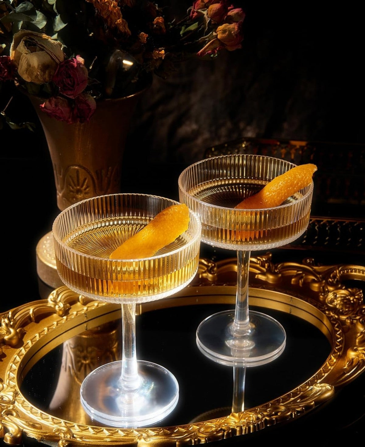 Clear Classic Coupe Ribbed Acrylic Shatterproof Glasses Set of 2