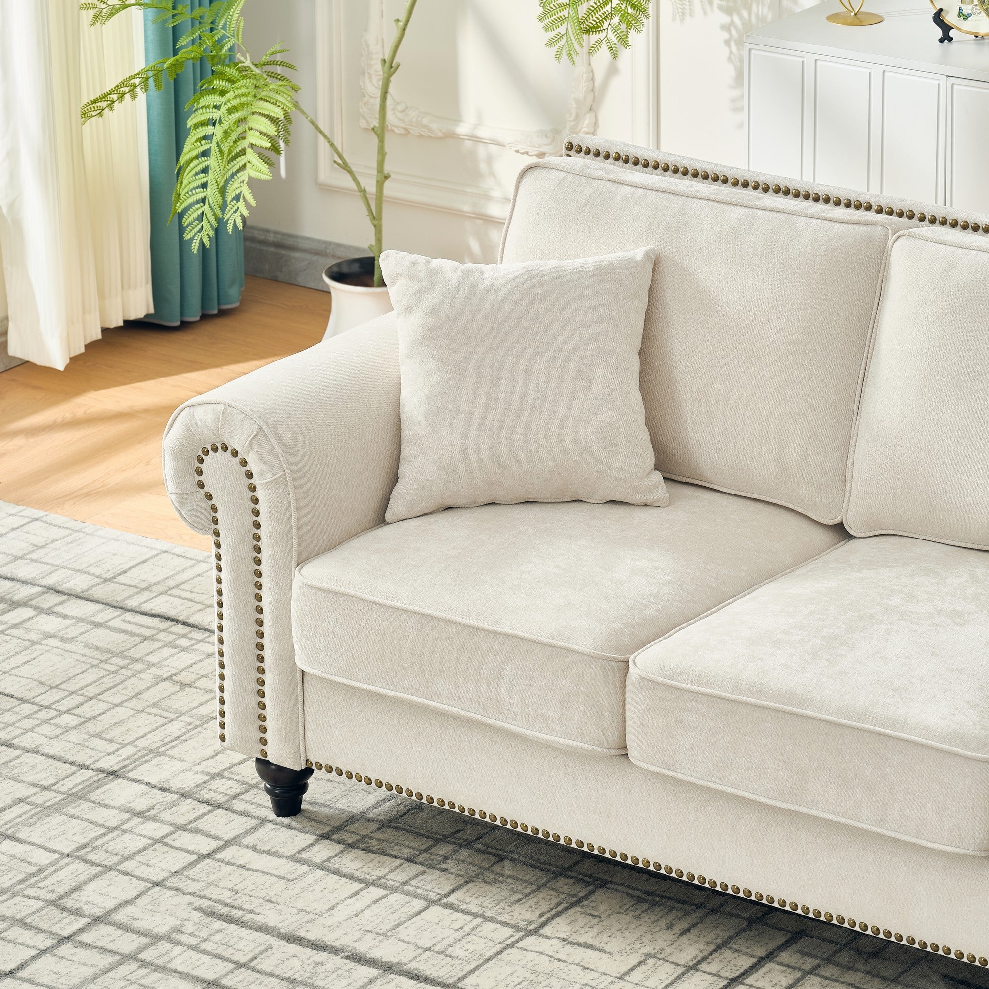 Modern 86" 3-Seater Sofa with Tufted Upholstery, Rolled Arms, and Nailhead Trim