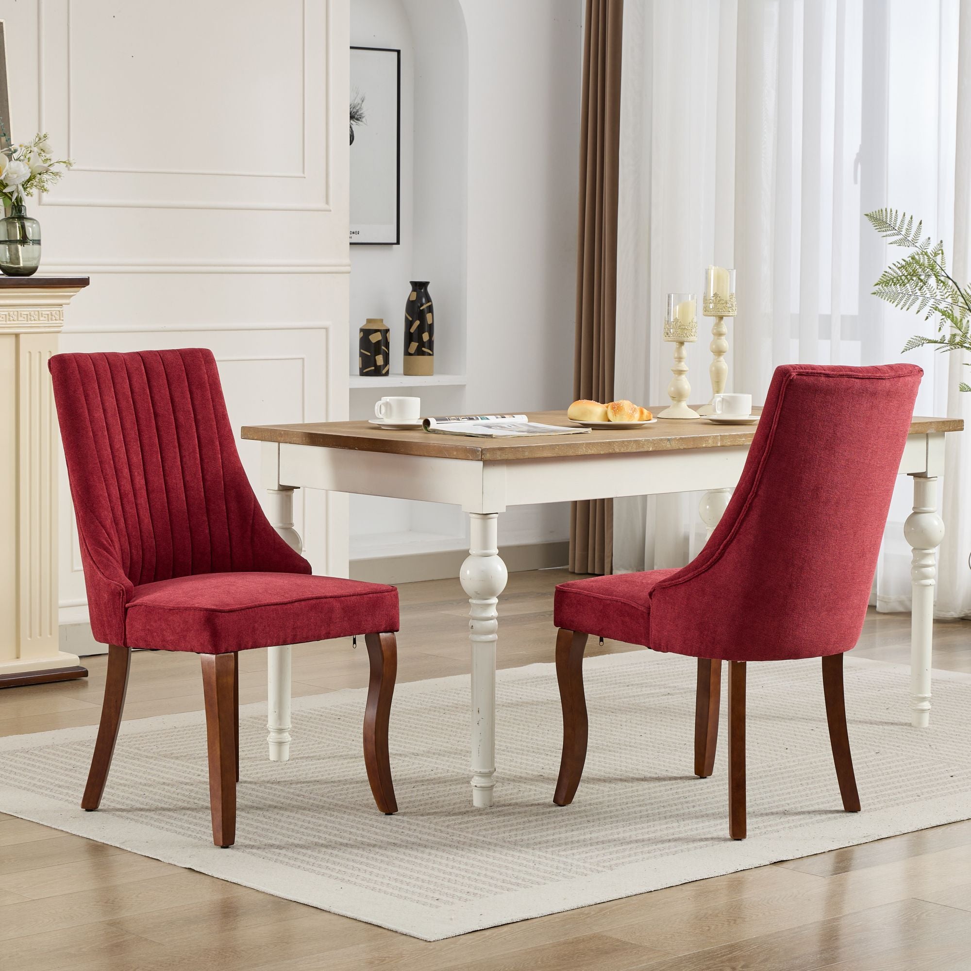 Rayon Cloth Flocking Linen Dining Chairs Channel Kitchen Dinner Chair Comfy Fabric Upholstered Accent Chair for Dining Room with Curved Solid Wood Legs,Set of 2 (Wine Red), SW1847WR