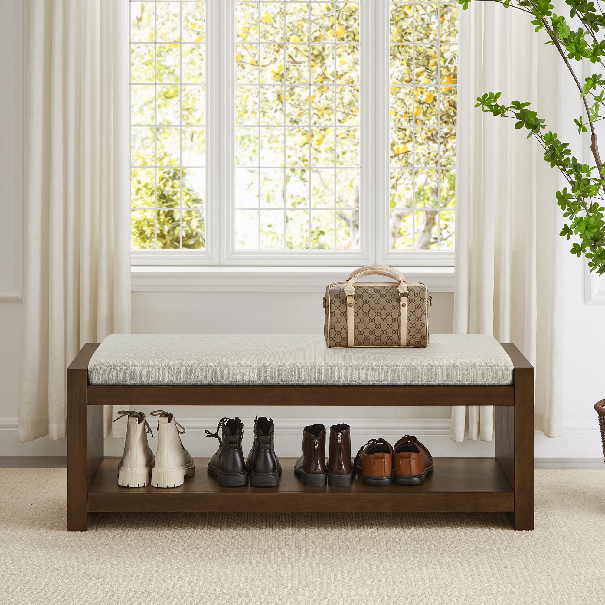 Accent Bench with Lower Shelf Shoe Rack and Padded Seating