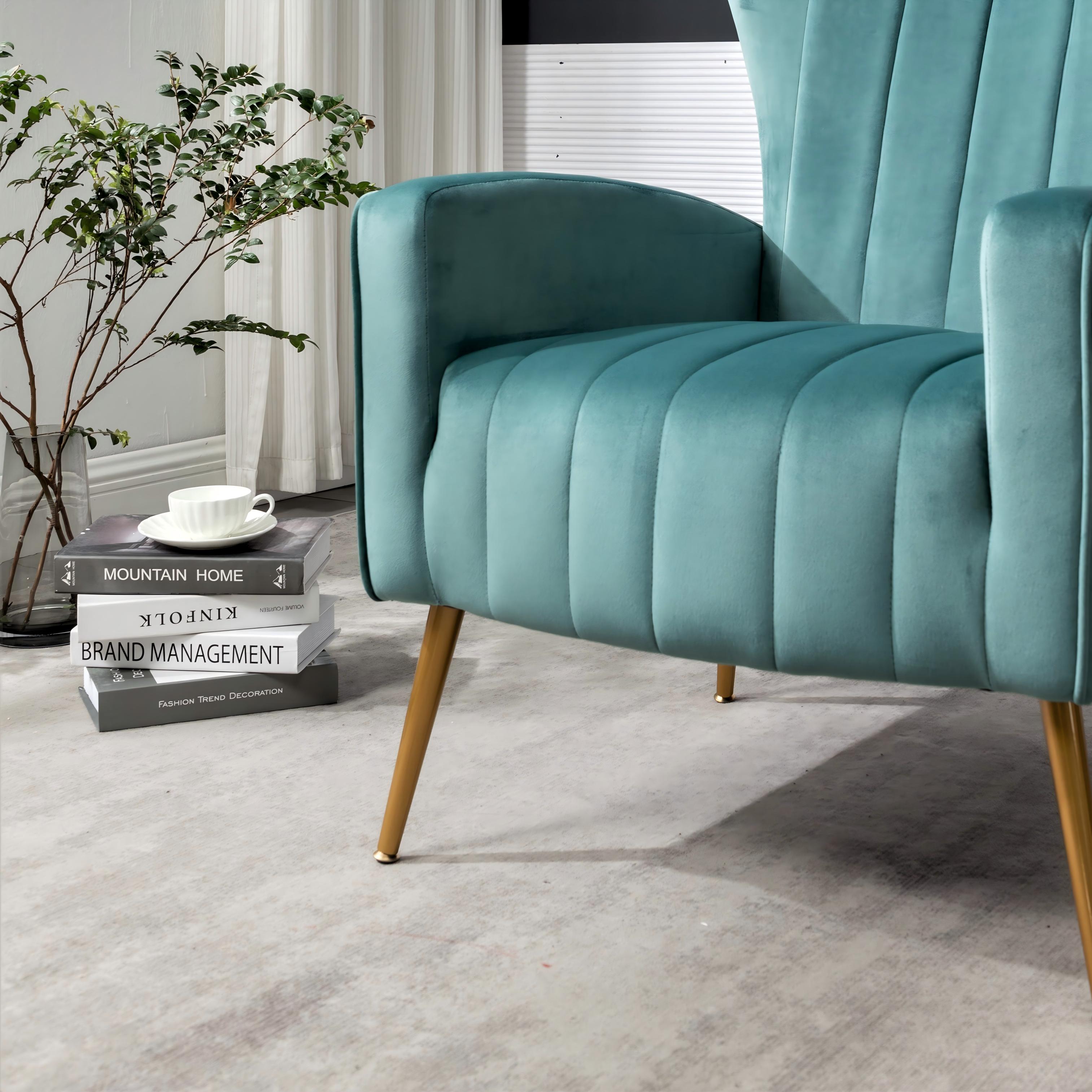 Velvet Accent Chair with Metal Legs, Modern Upholstered Armchair, Wingback Side Chair for Living Room Bedroom Small Spaces