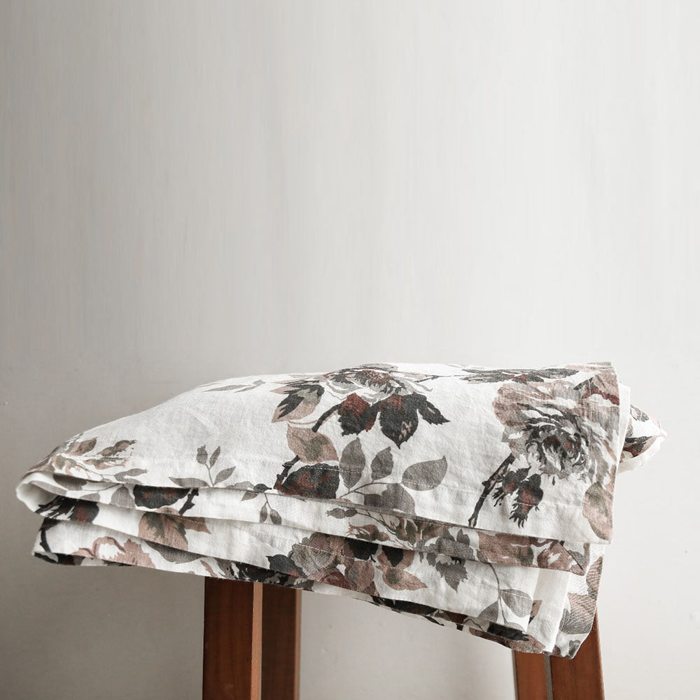 Handcrafted Linen Roses Tablecloth in Eggplant and Grey, 70 x 108 in