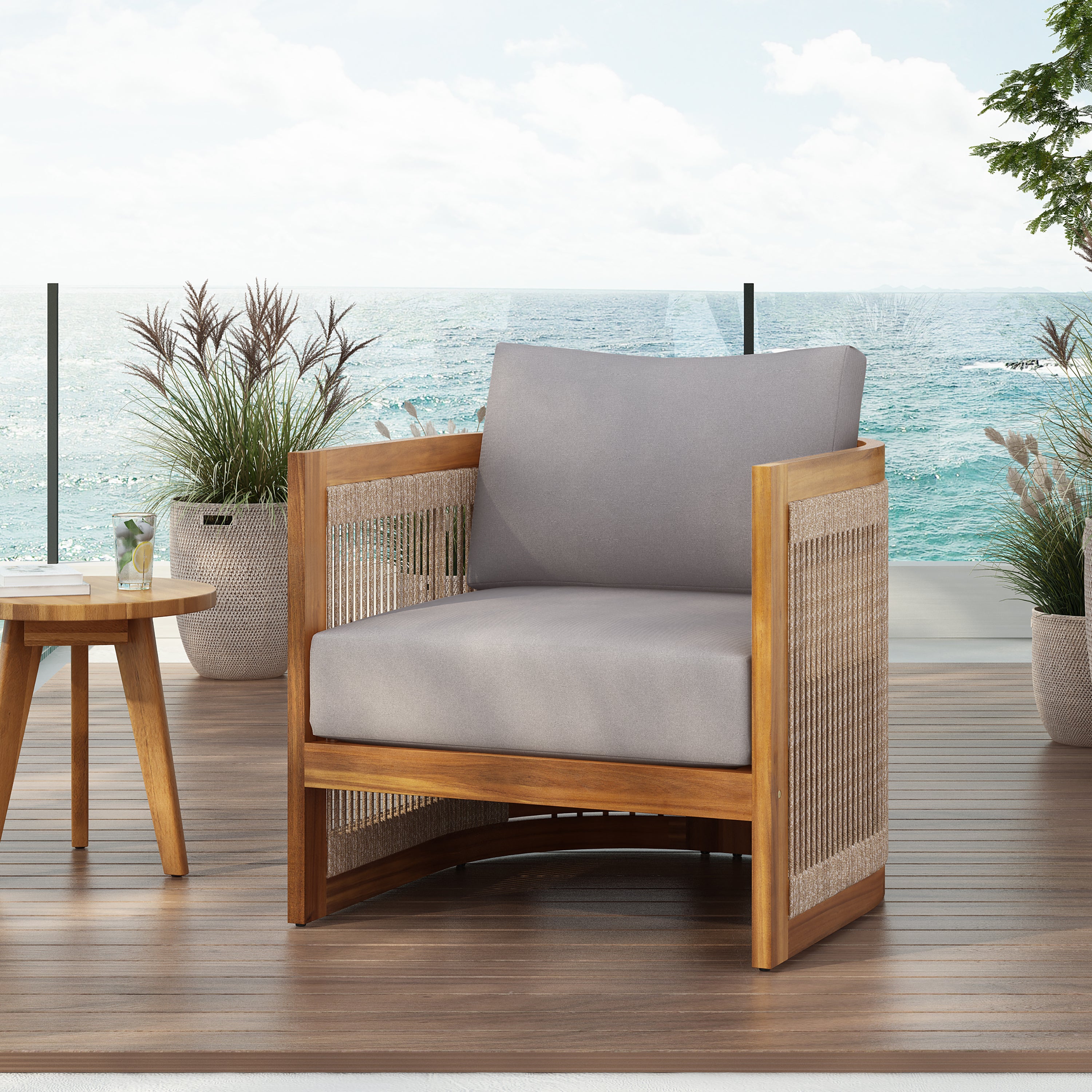 Sundara Acacia Wood Outdoor Club Chair with Handwoven Rope Accents