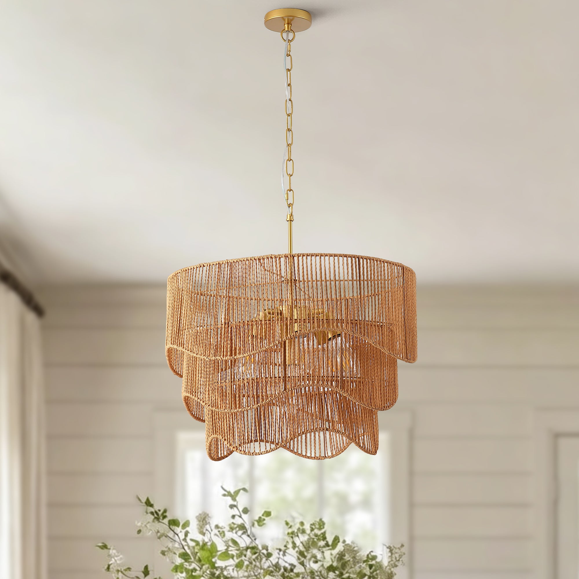 Handwoven Rattan Boho Wave Pendant Chandelier with 7-Lights