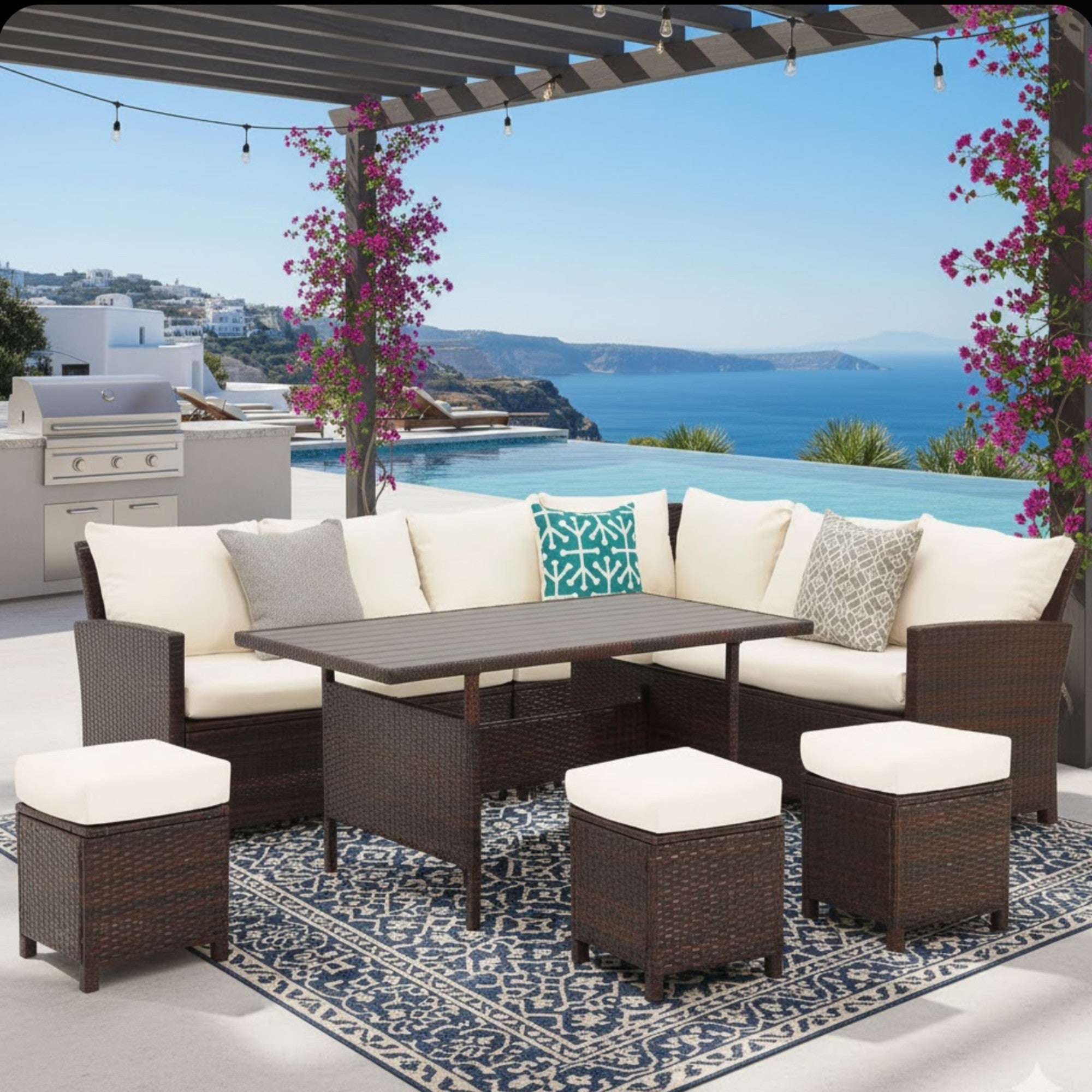 7-Piece All-Weather Wicker Patio Dining Set with Blue Cushions