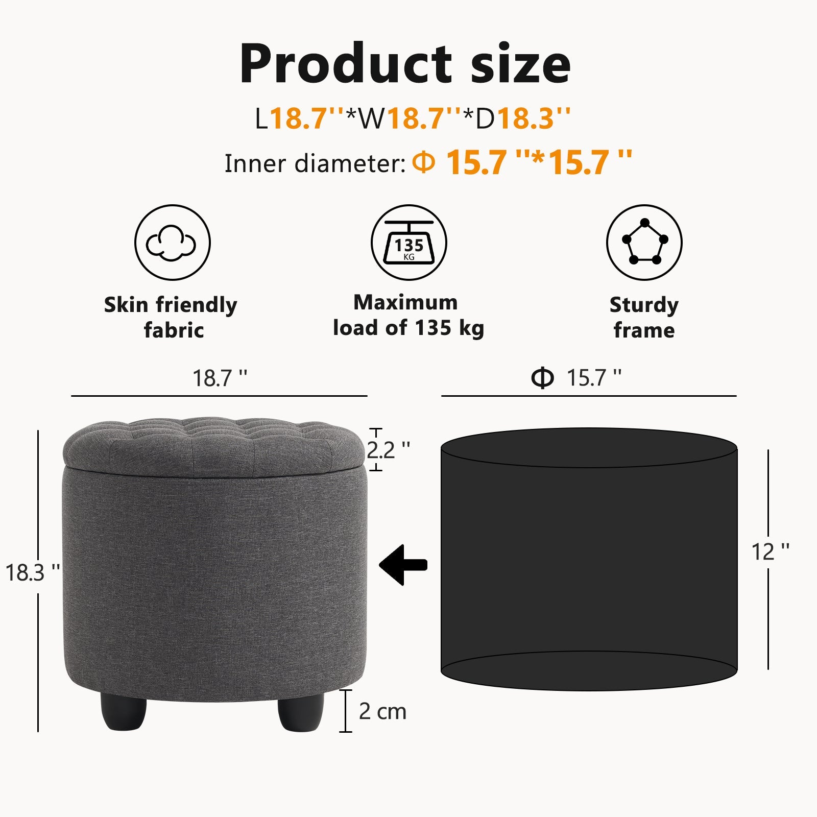 Small Upholstered Circle Pouf Footstool with Removable Lid Storage