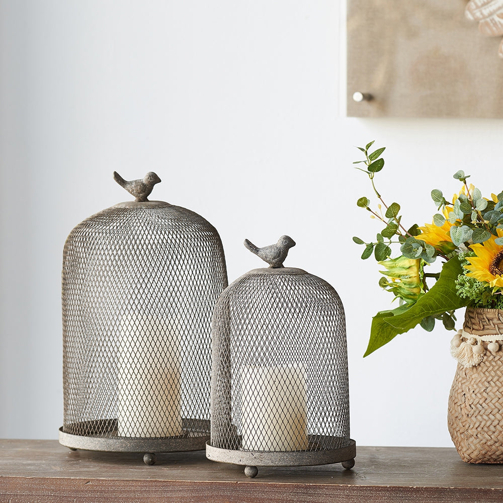 Candle Holder with a Bird Atop Domed Mesh, Set of 2