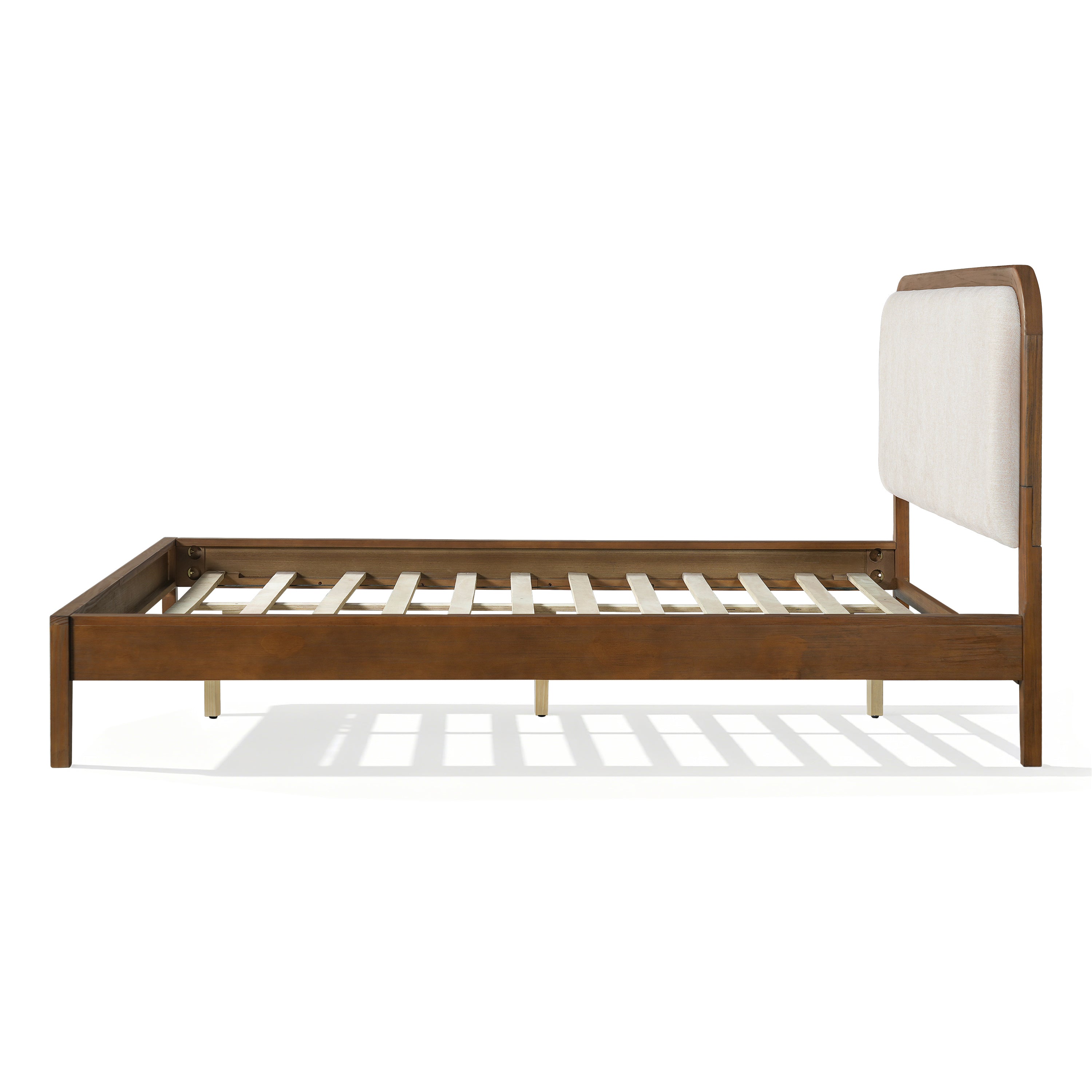 Acacia Wood Bed Frame With Beige Upholstered Headboard
