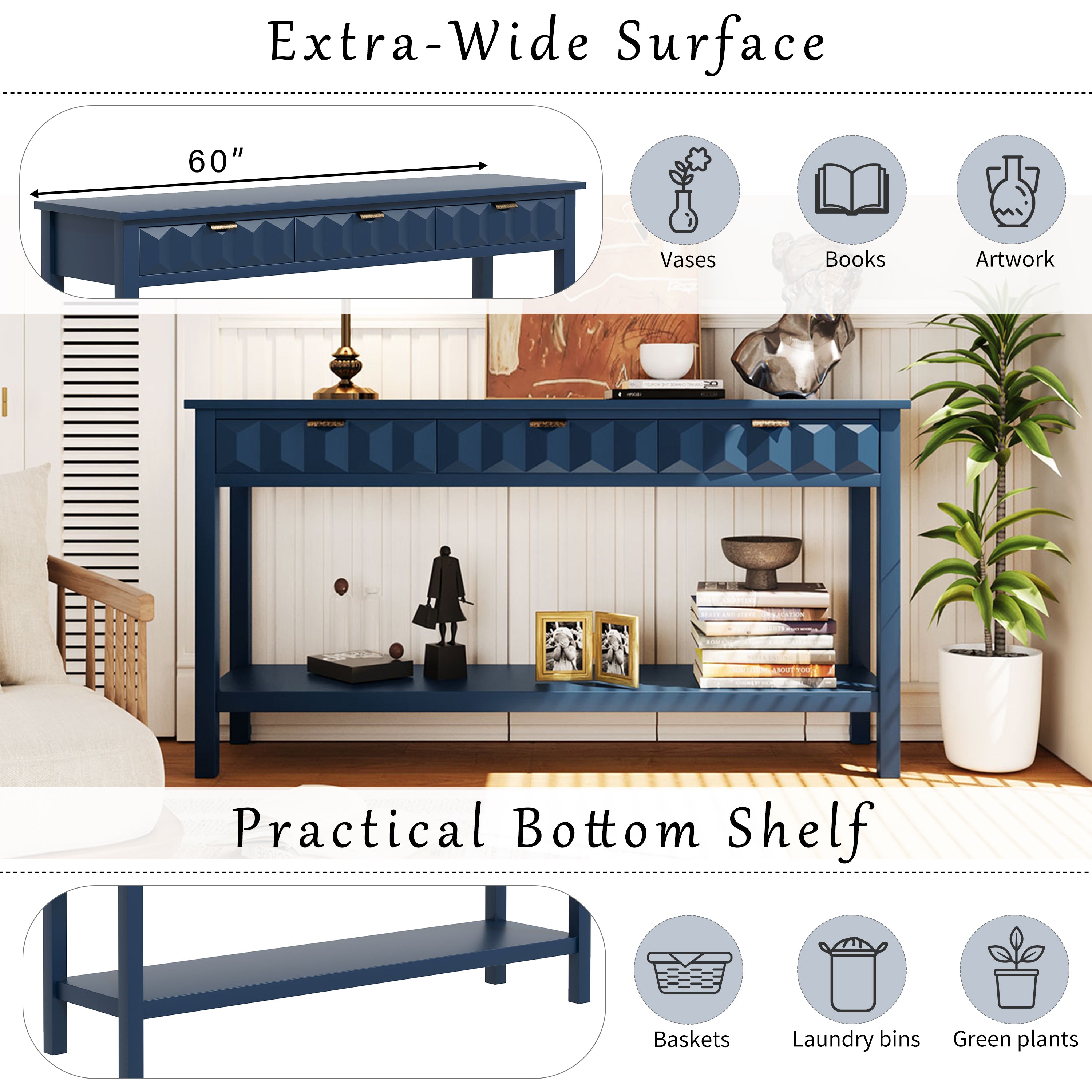 Honeycomb Pattern Console Table with 3 Drawers