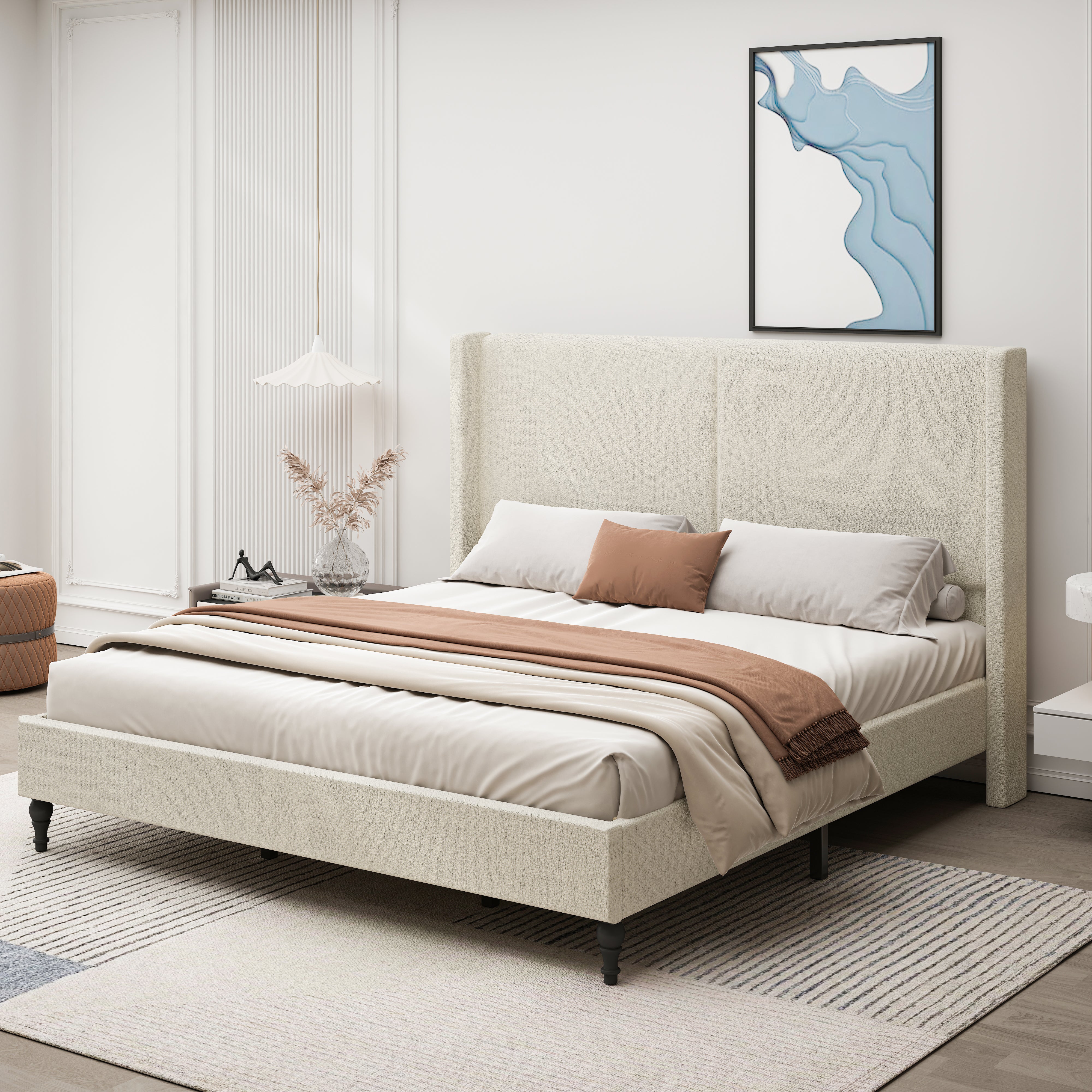 Bed Frame with 55.5"High Back Boucle Upholstered Headboard
