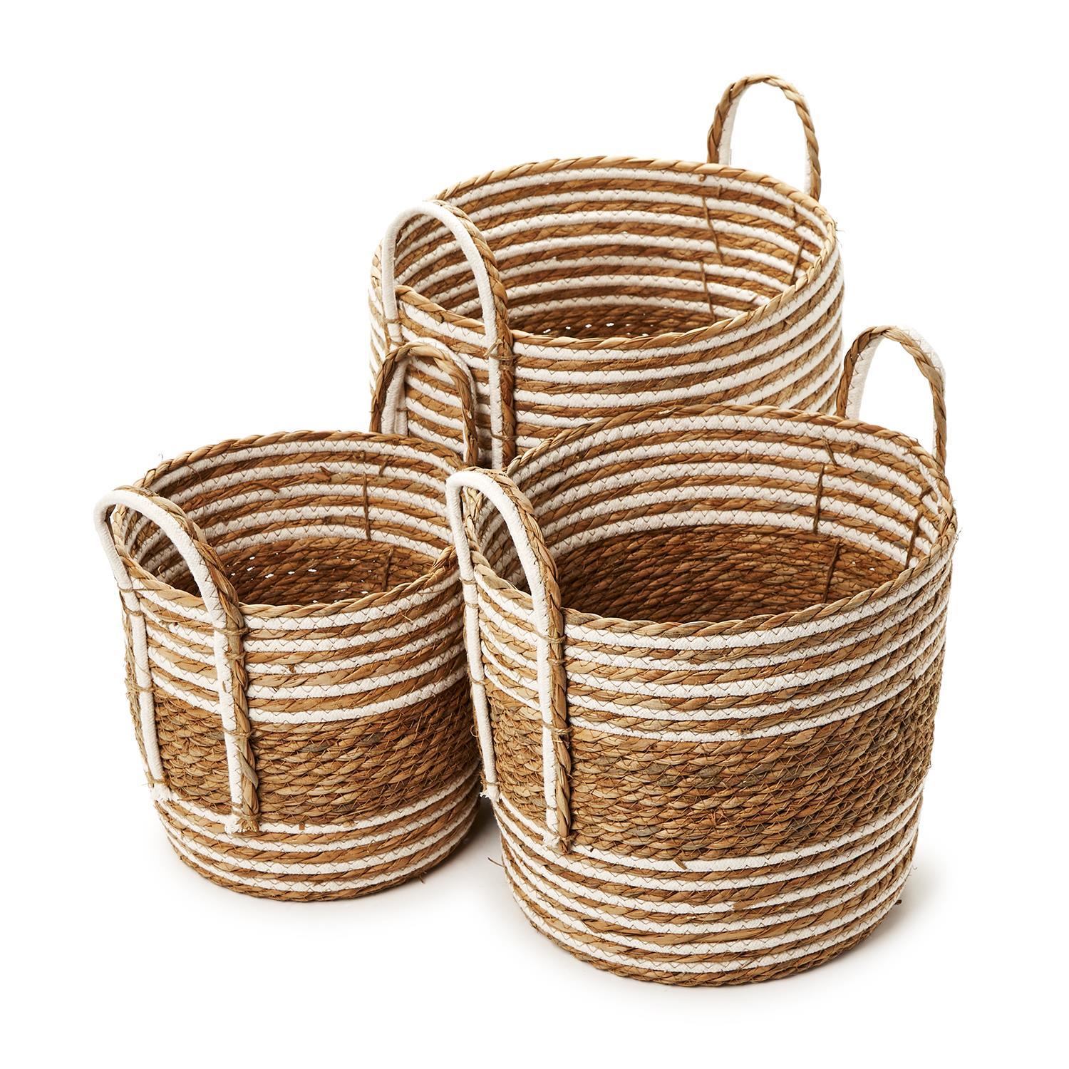 Hand-Woven Water Hyacinth and Cotton Baskets, Set of 3