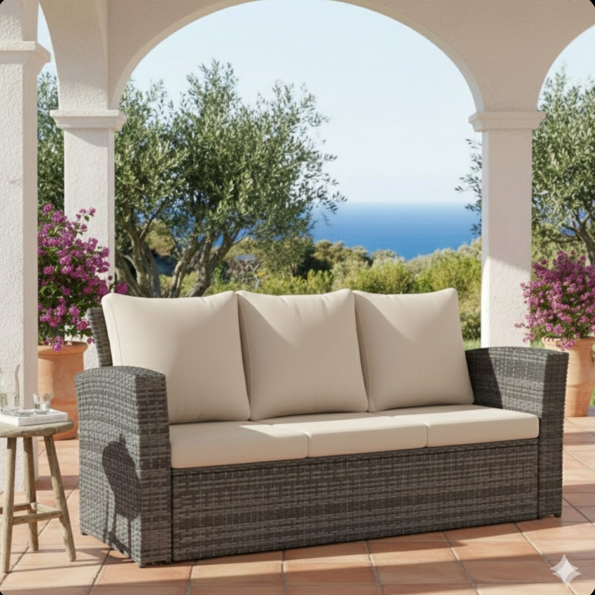 All-Weather Wicker 3-Seat Patio Sofa with Thick Gray Cushions & Black Iron Frame, 67.7'