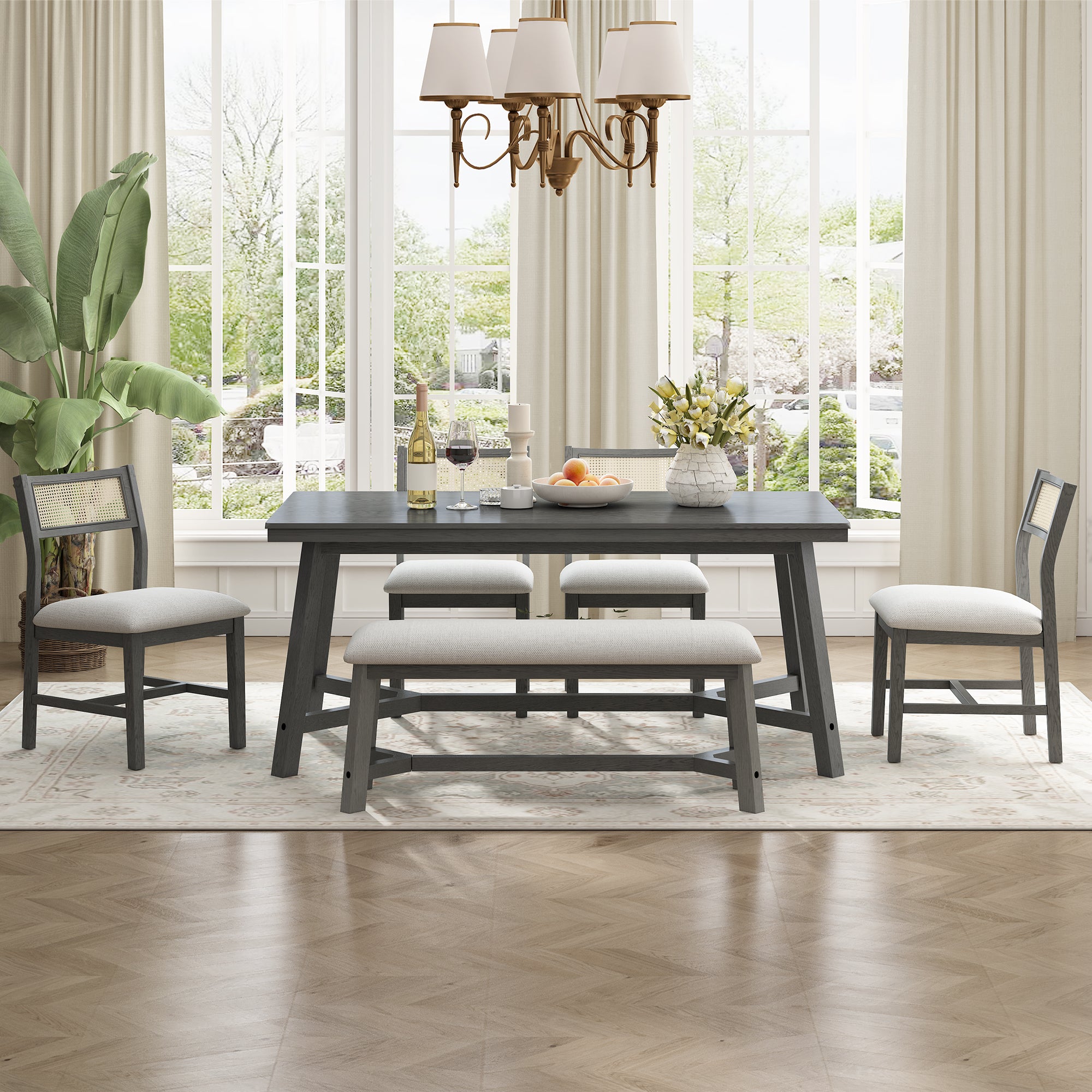 6-Piece Dining Set with Rectangular Table, 4 Upholstered Chairs and Bench