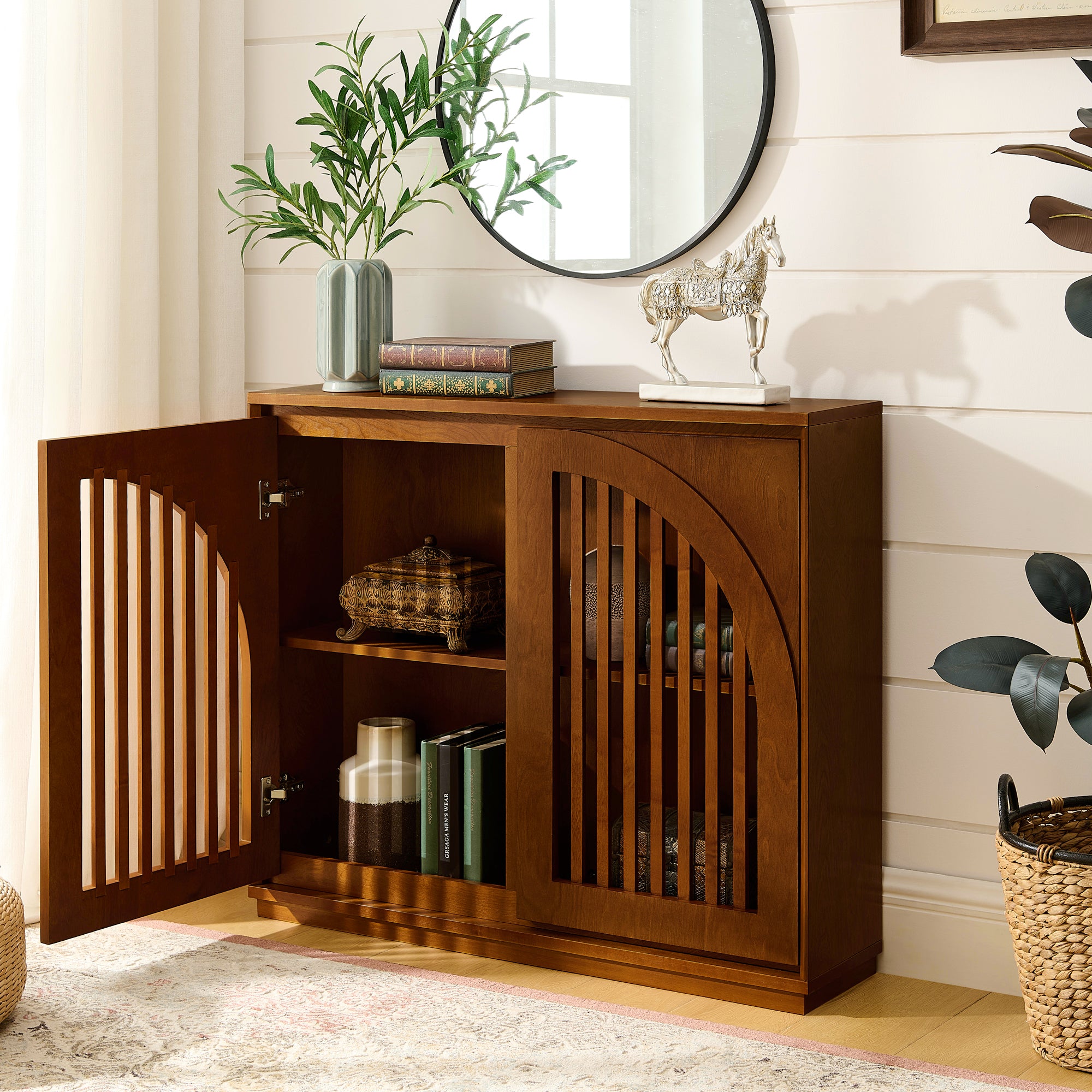Mid-Century Modern Fluted Narrow Storage Cabinet with 2 Outlet Holes