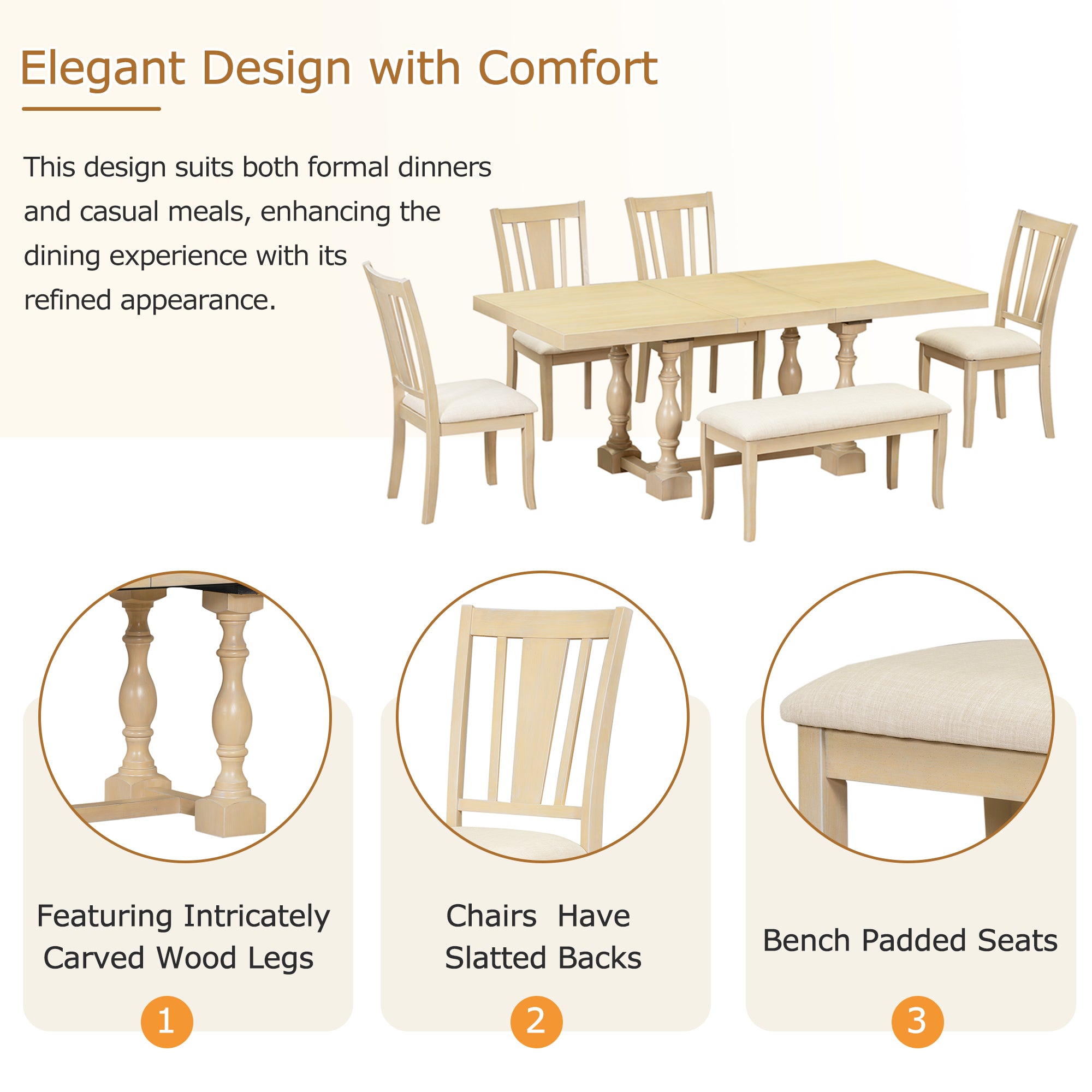 6-Piece Dining Set with Removable Leaf Table and Padded Dining Bench and 4 Chairs