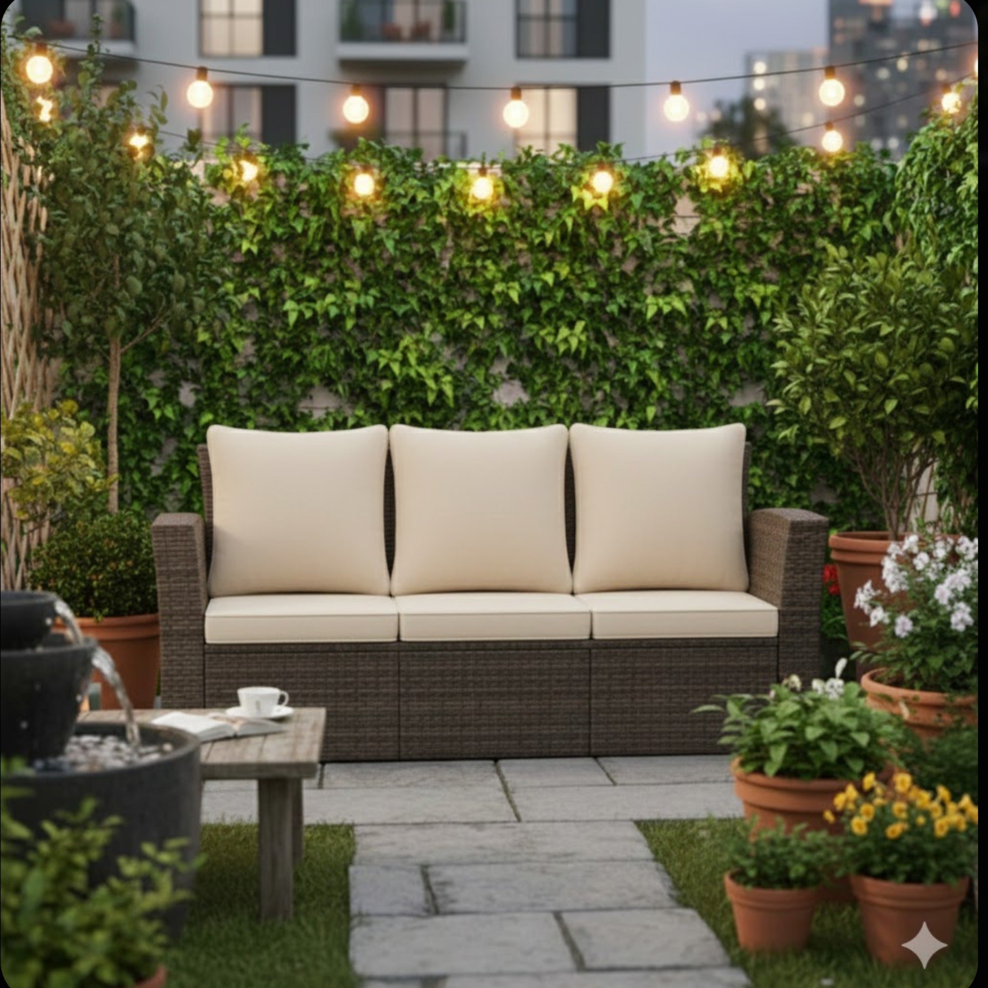 All-Weather Wicker 3-Seat Patio Sofa with Thick Gray Cushions & Black Iron Frame, 67.7'
