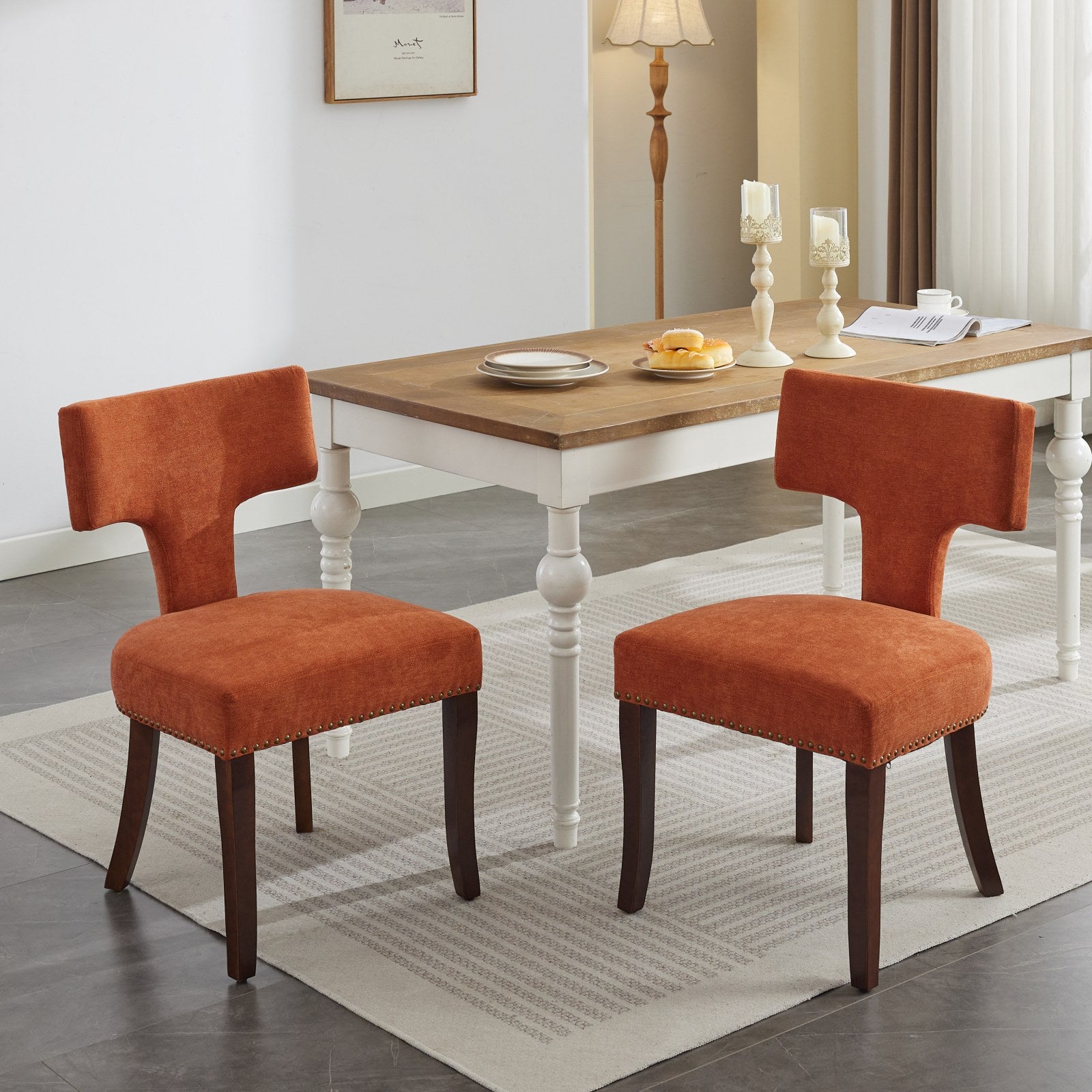 Mid Century Modern Dining Chairs Set of 2, Farmhouse Linen Fabric Upholstered Accent Chair Curved Backrest with Copper Nails around,Kitchen Chairs with Hardwood Frame, Orange