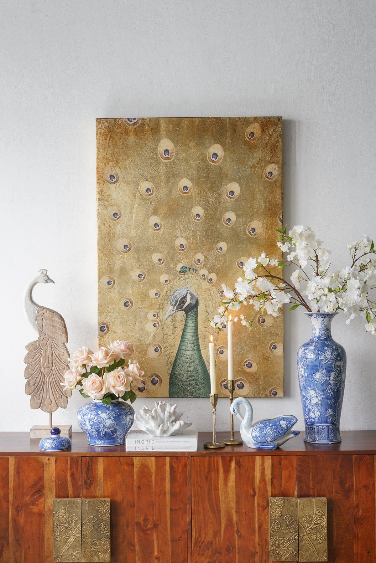 Hand-Painted Peacock Wall Art with Textured Gold Background, 30.7" x 46.5"
