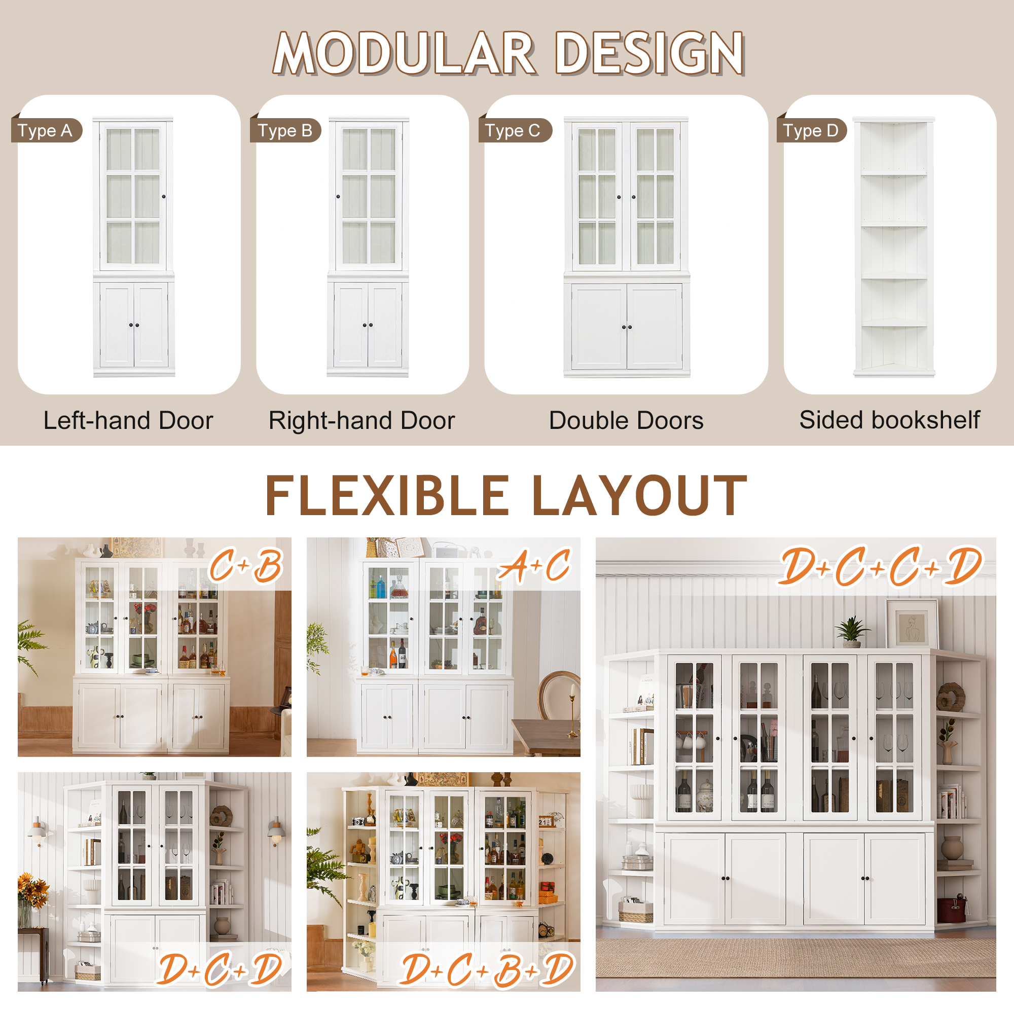 Classic Hutch Cabinet with Double Glass Doors