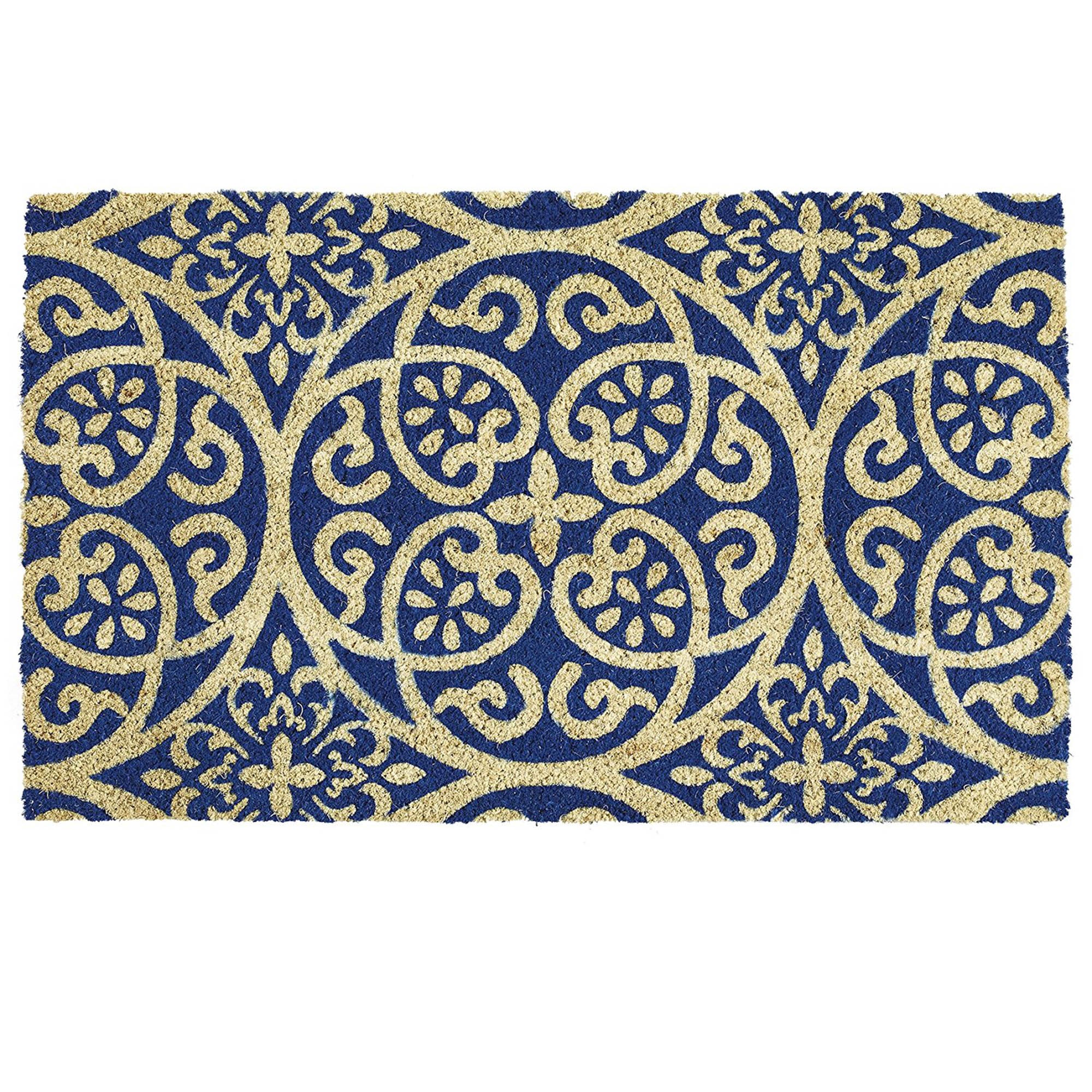 DII Blue Tunisia Scroll Doormat, Non-Slip PVC Backing
