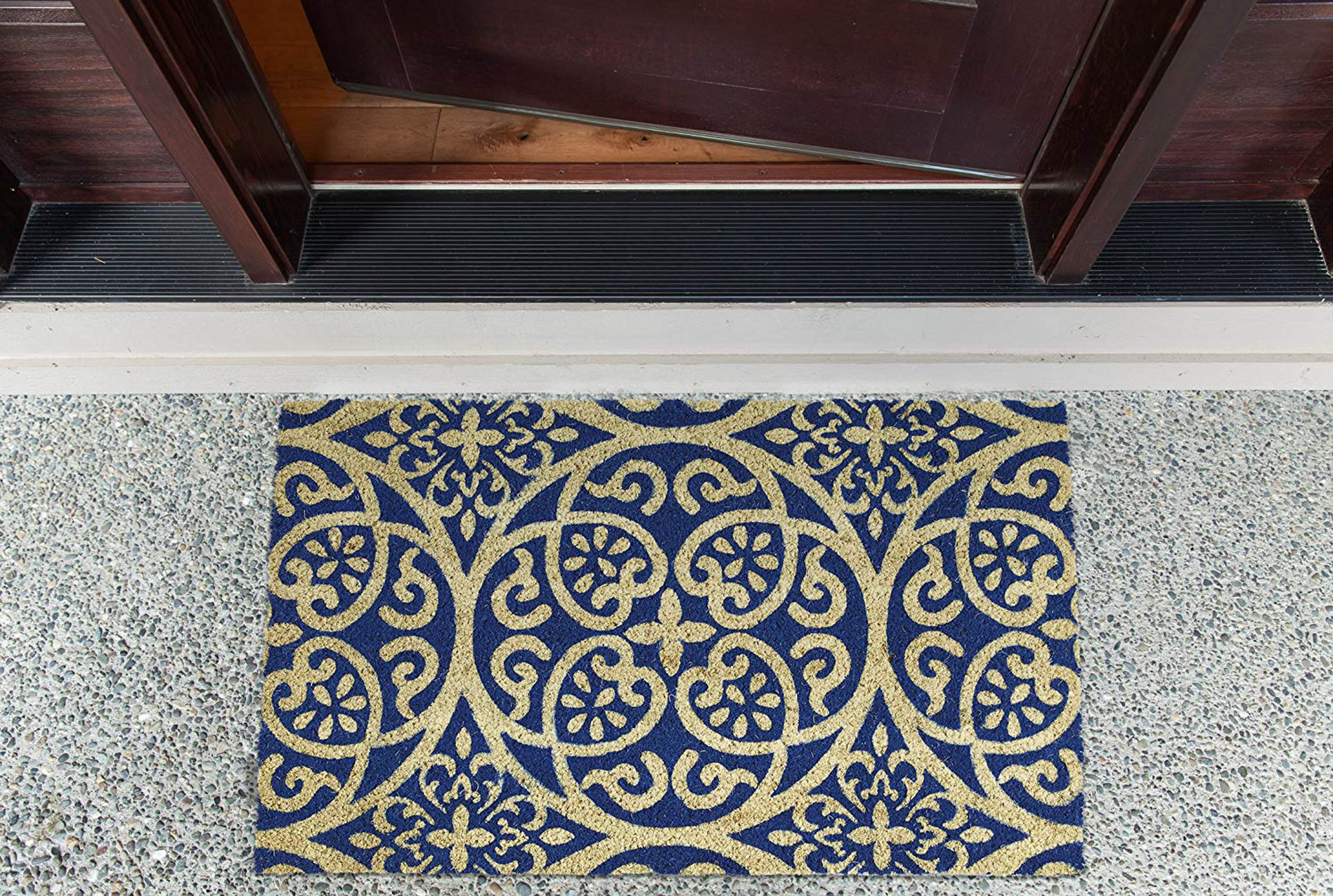 DII Blue Tunisia Scroll Doormat, Non-Slip PVC Backing