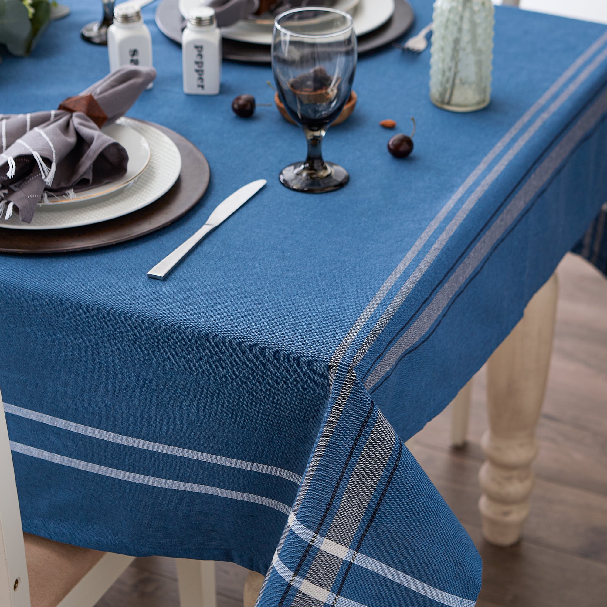 DII Blue Chambray French Stripe Cotton Tablecloth