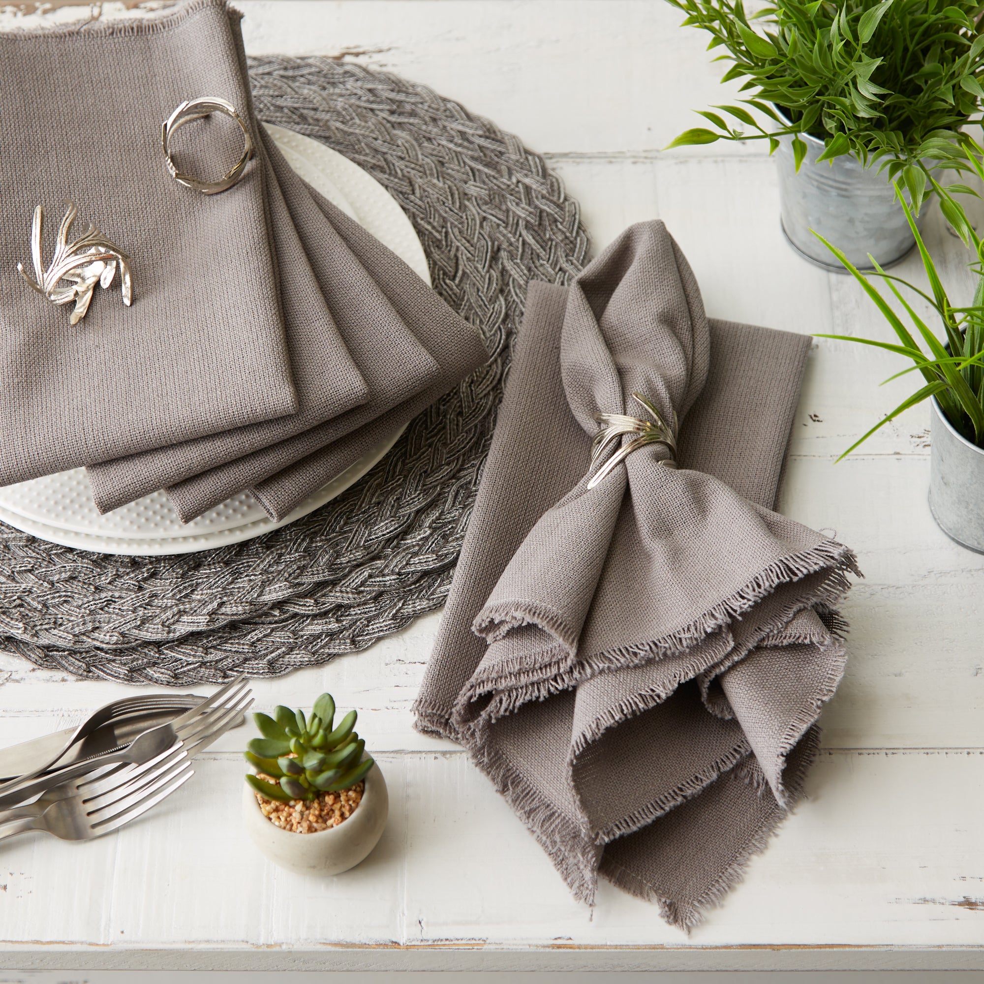 DII Gray Solid Heavyweight Fringed Cotton Dinner Napkin 6-Piece Set