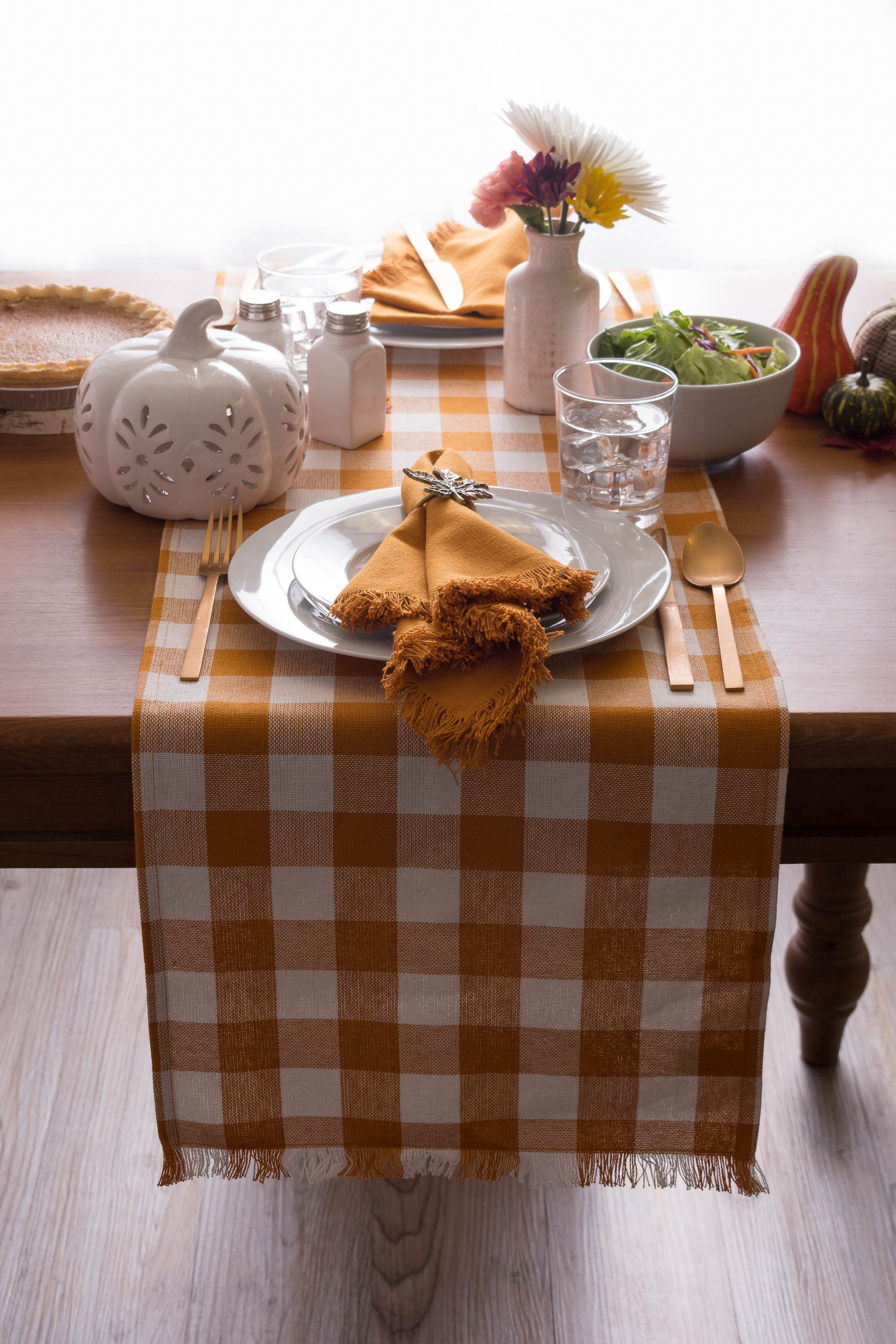 DII Pumpkin Spice Heavyweight Check Fringed Cotton Table Runner, 14" x 72"