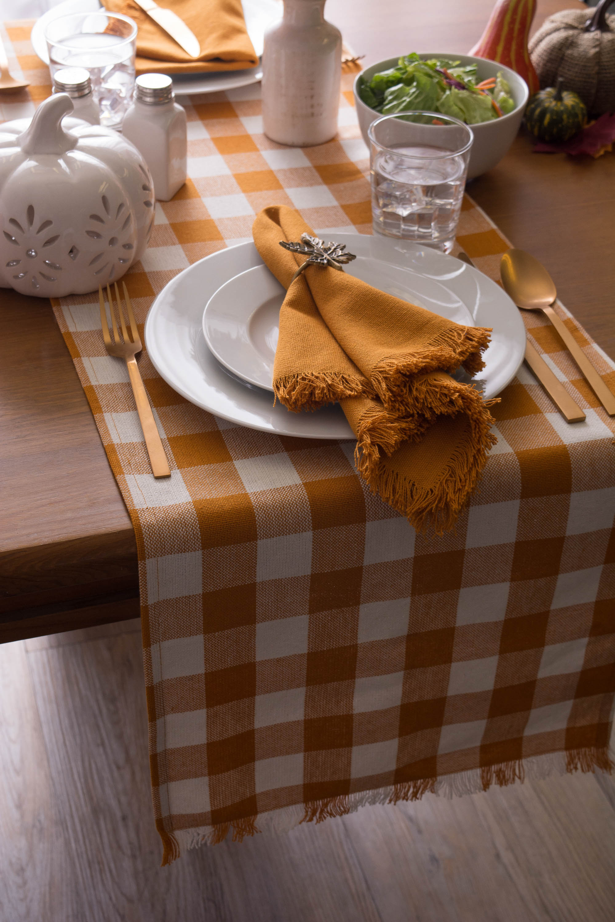 DII Pumpkin Spice Heavyweight Check Fringed Cotton Table Runner, 14" x 72"