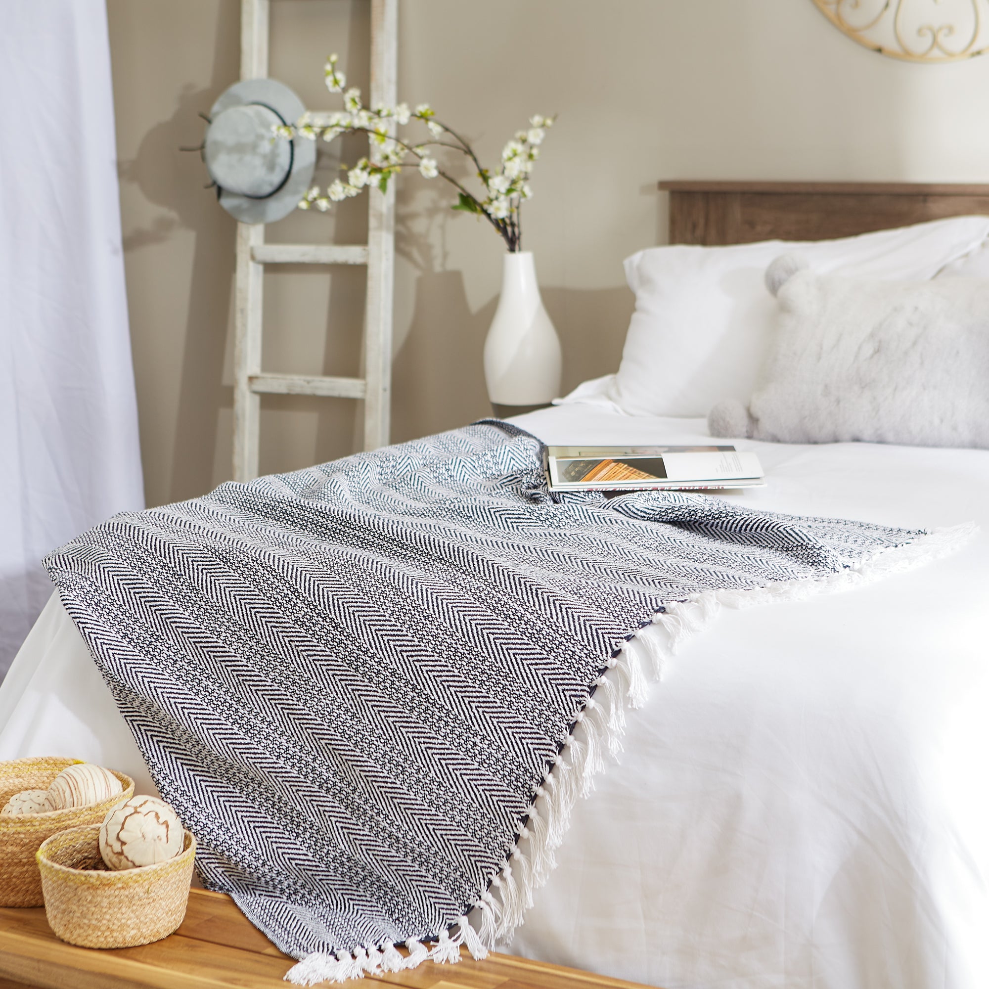 Nautical Blue Herringbone Stripe Throw
