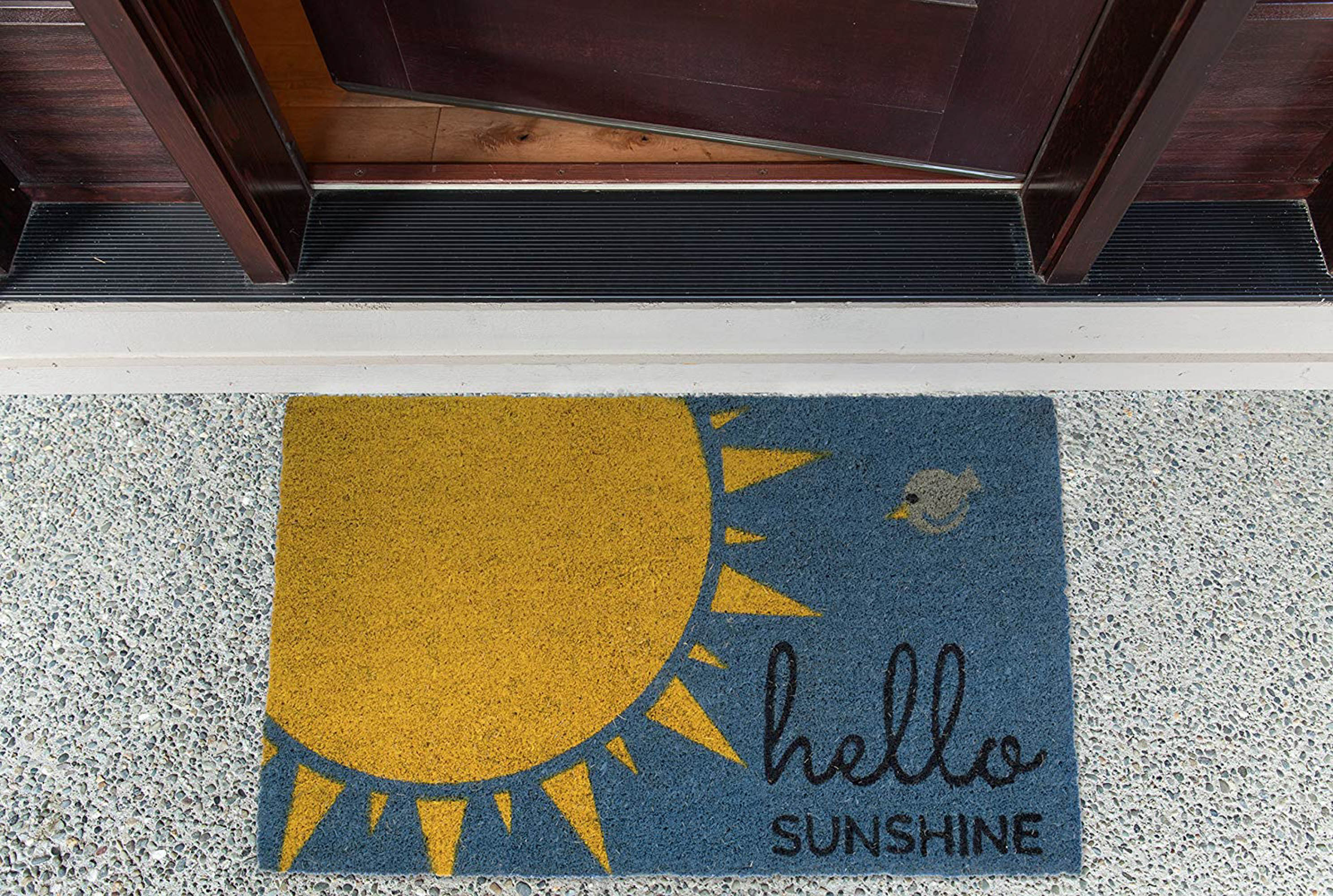 DII Blue Hello Sunshine Doormat, Non-Slip PVC Backing