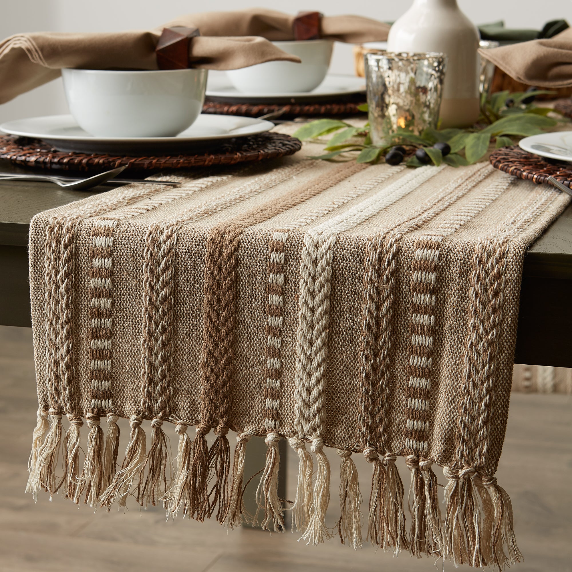 DII Stone Braided Stripe Jacquard Fringe Cotton Table Runner