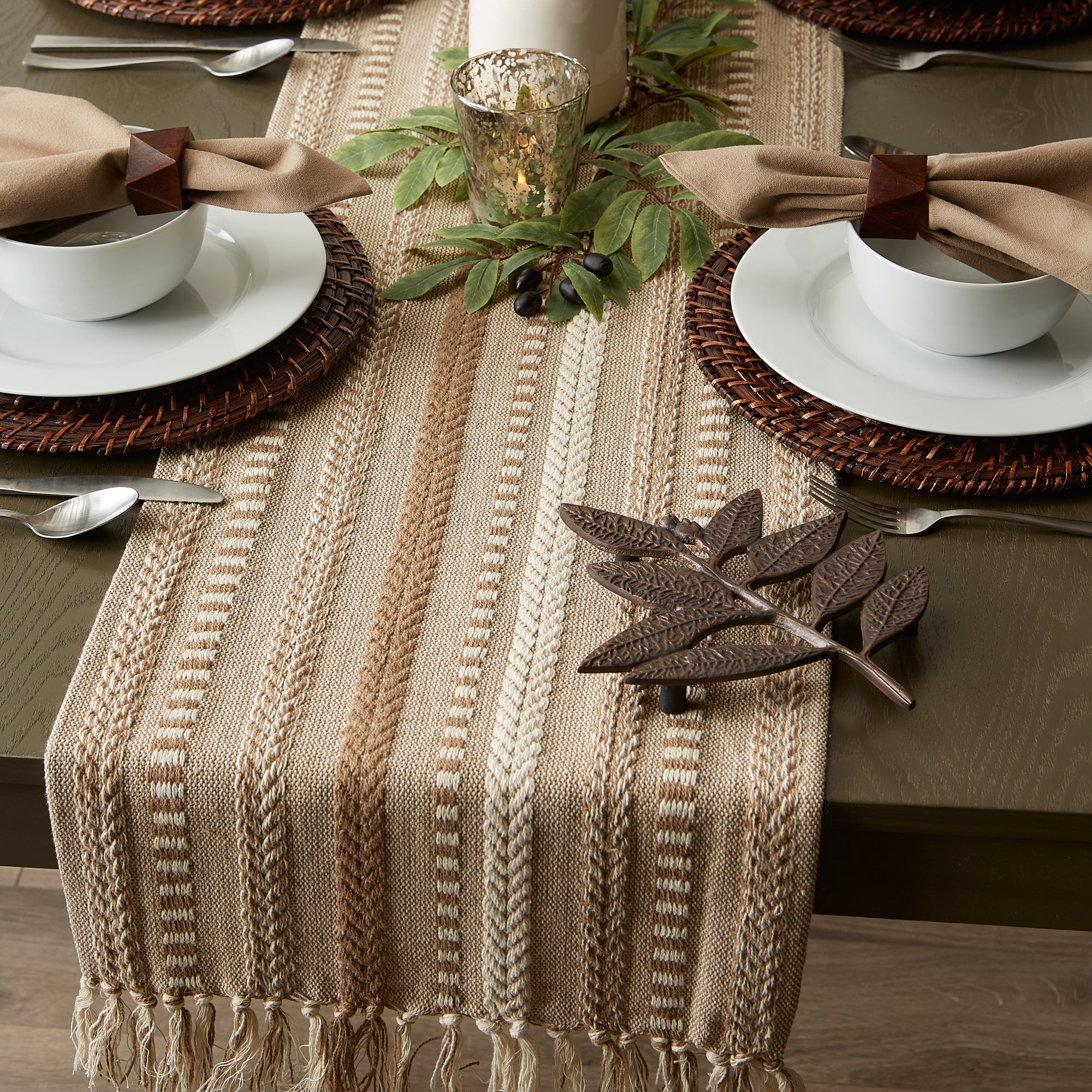 DII Stone Braided Stripe Jacquard Fringe Cotton Table Runner