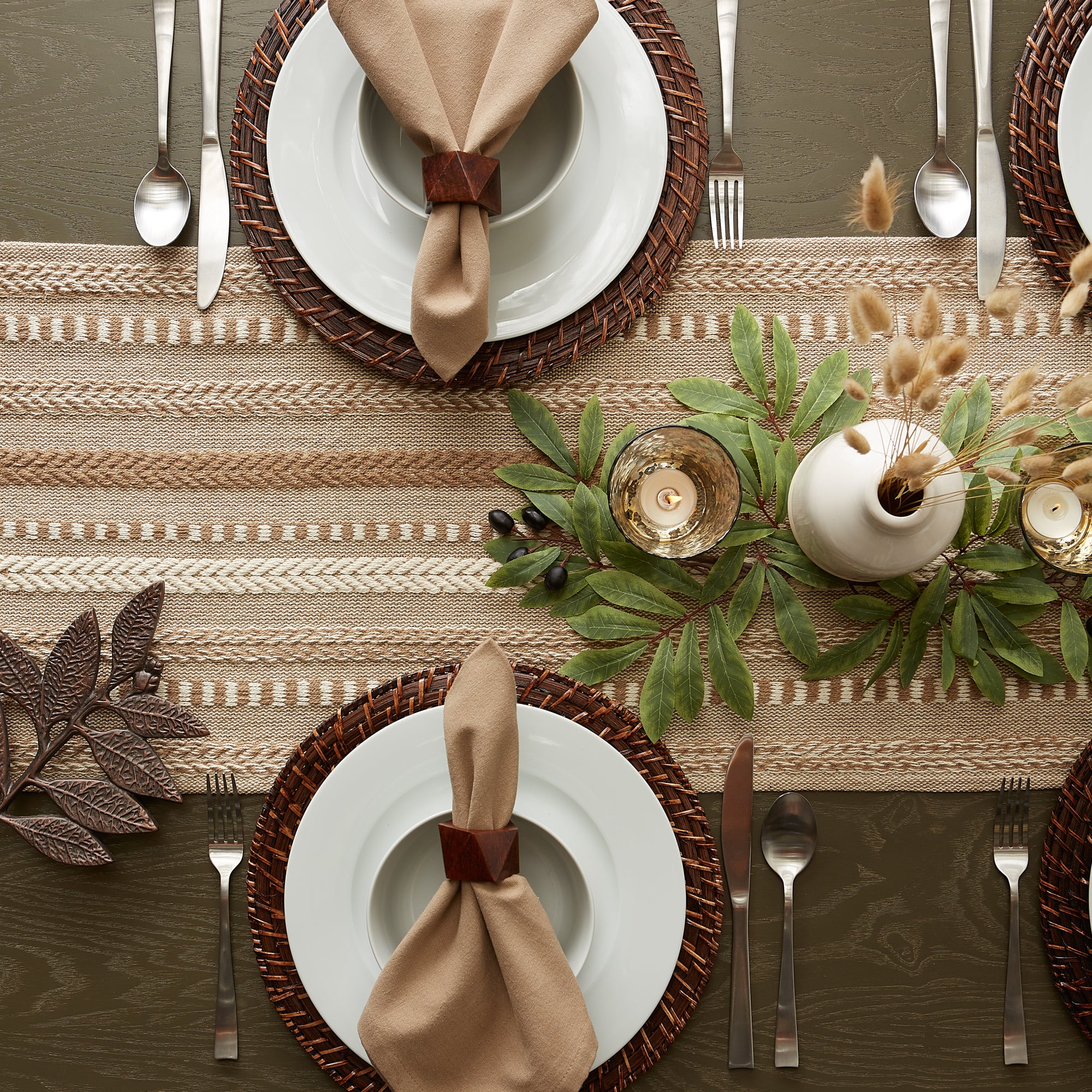 DII Stone Braided Stripe Jacquard Fringe Cotton Table Runner