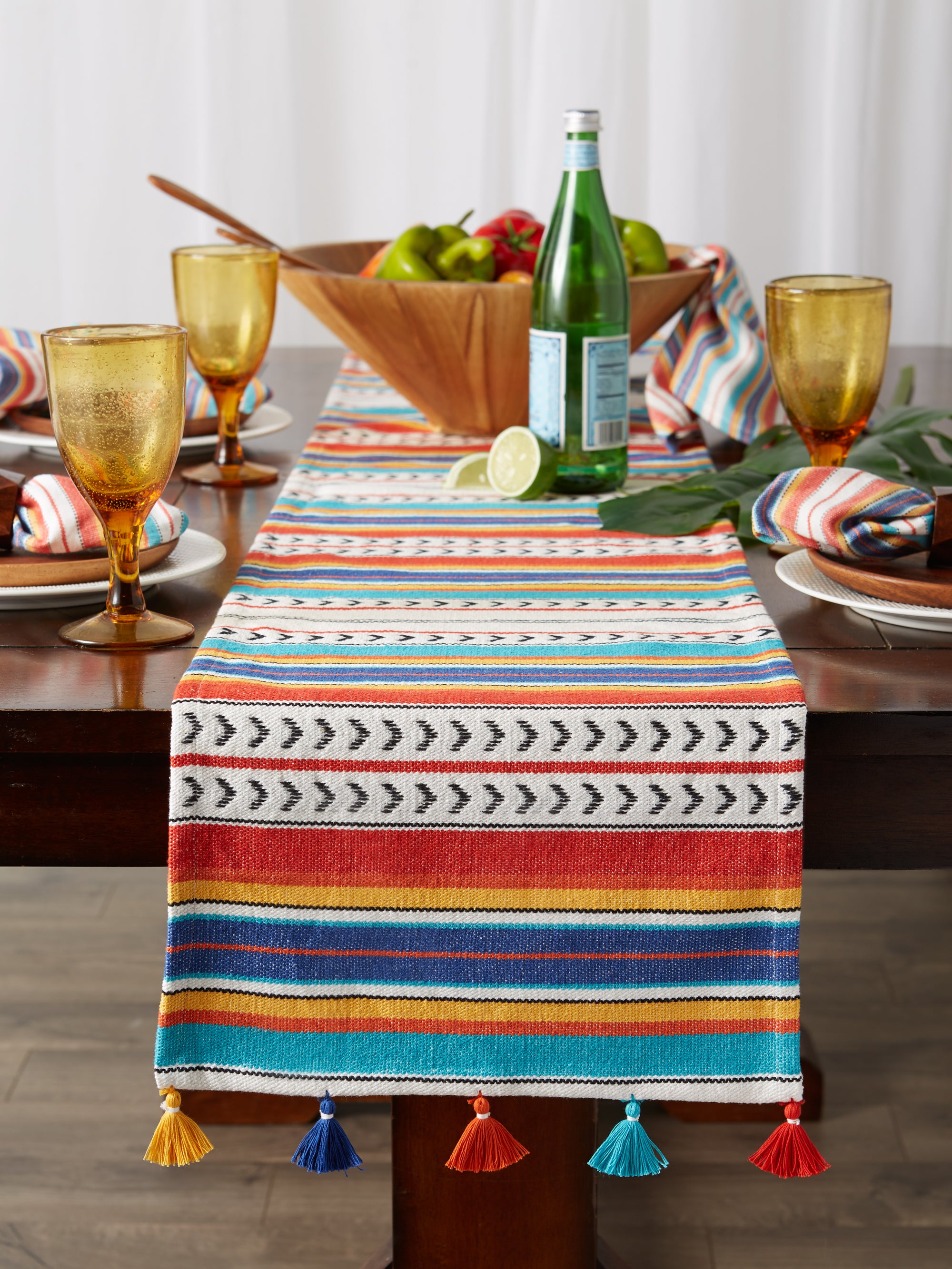 Picante Stripe Tassel Rug Weave Cotton Table Runner, 13" x 72"