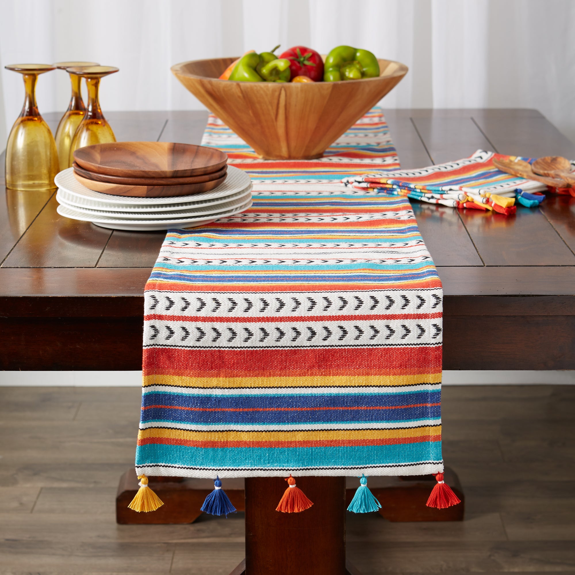 Picante Stripe Tassel Rug Weave Cotton Table Runner, 13" x 72"