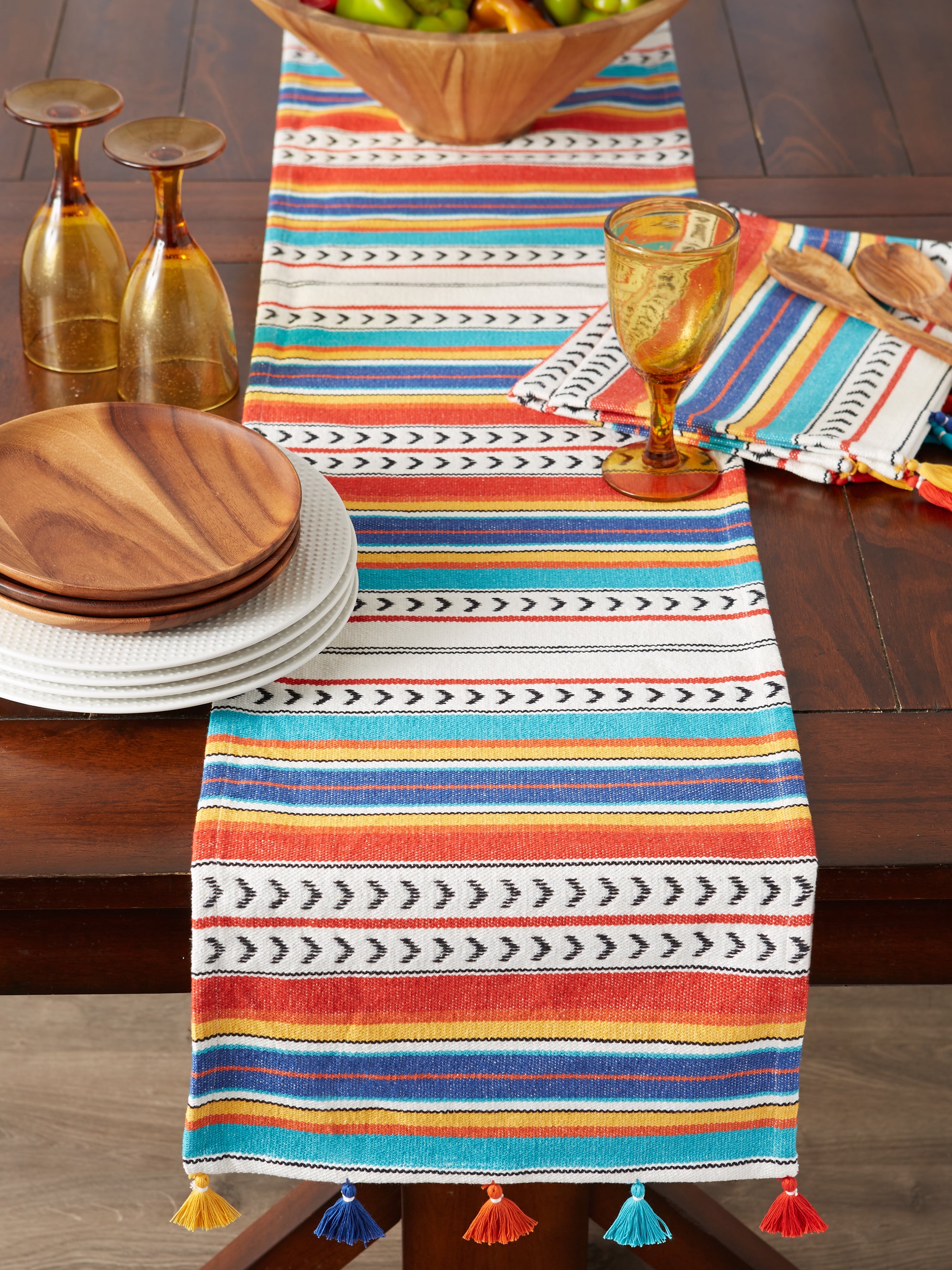 Picante Stripe Tassel Rug Weave Cotton Table Runner, 13" x 72"