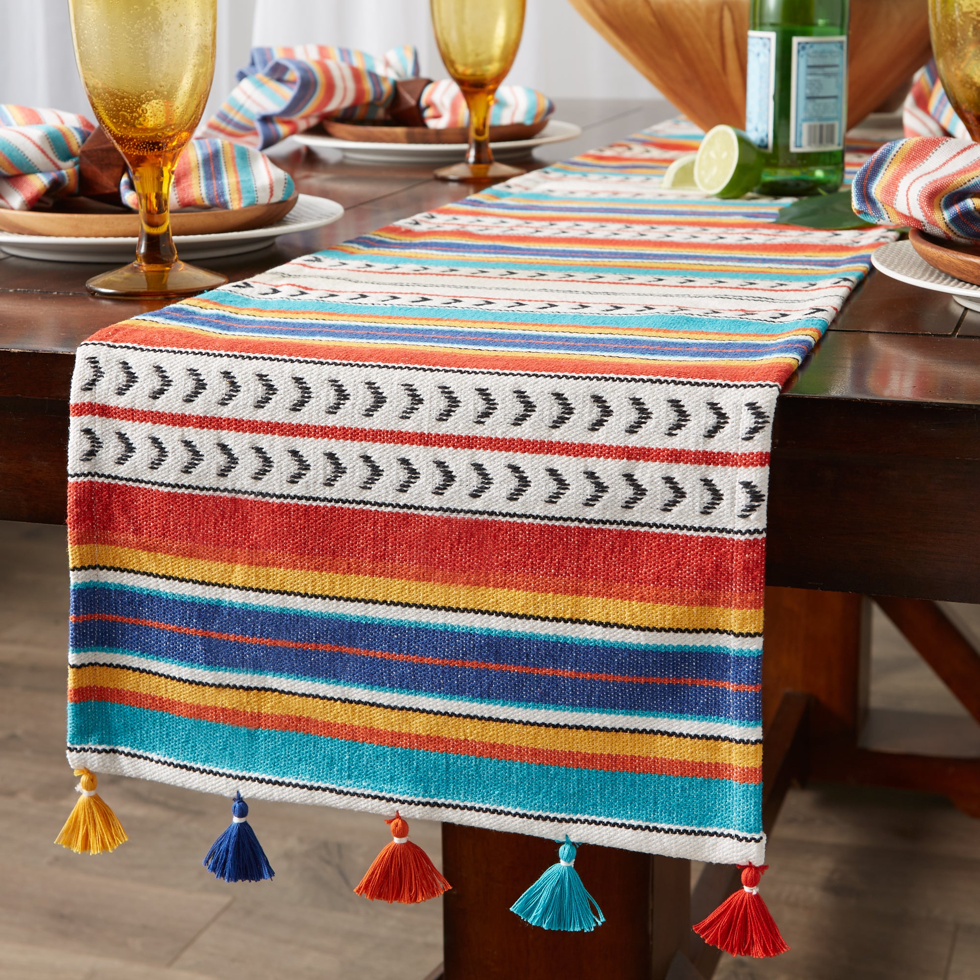 Picante Stripe Tassel Rug Weave Cotton Table Runner, 13" x 72"