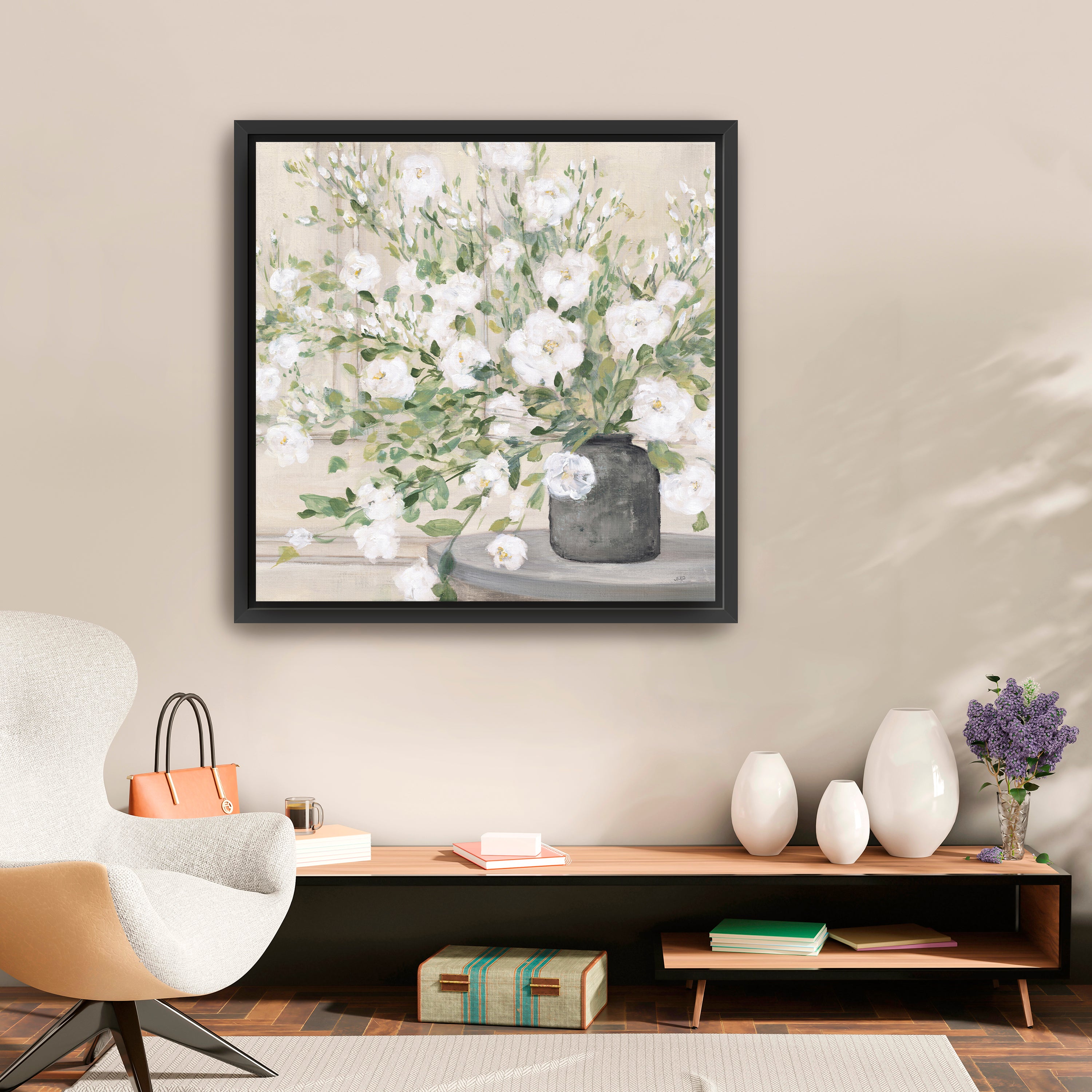White Bouquet Gray Vase Canvas Giclee