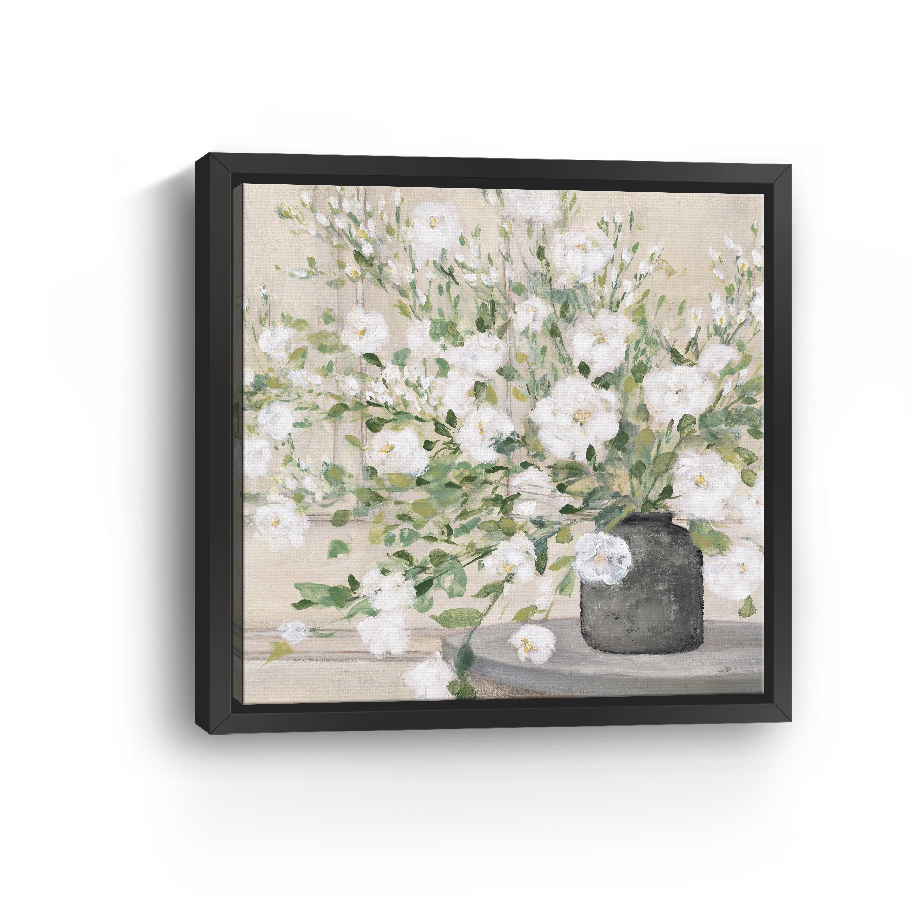 White Bouquet Gray Vase Canvas Giclee