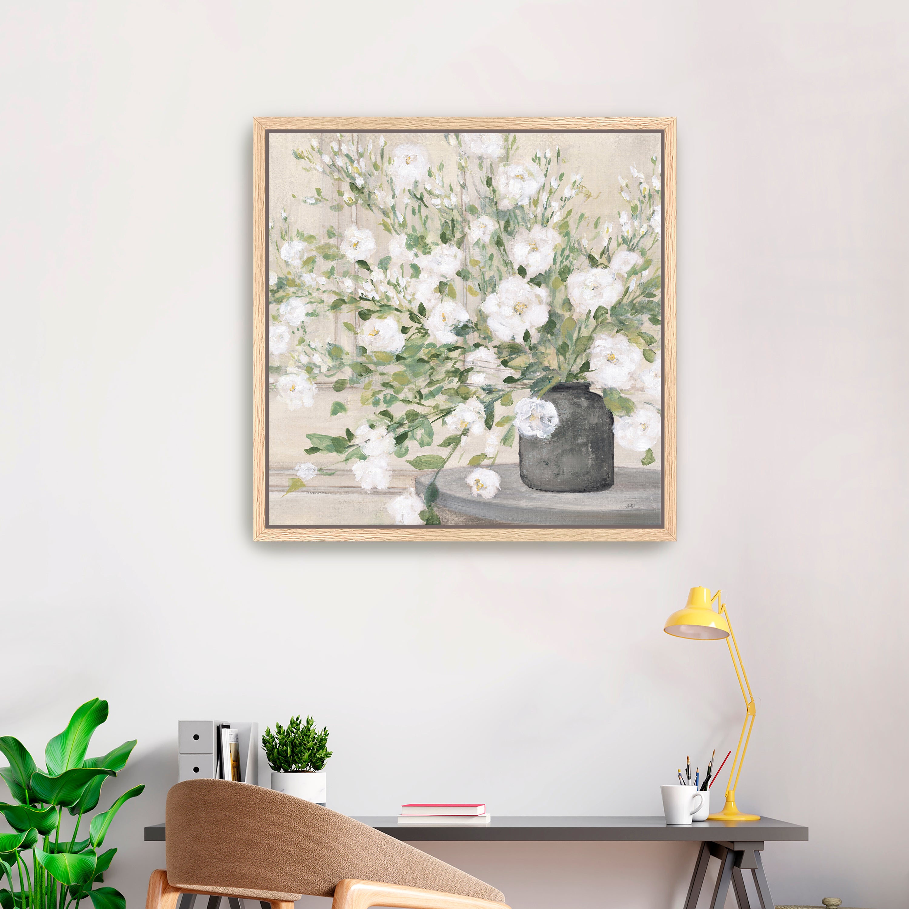 White Bouquet Gray Vase Canvas Giclee