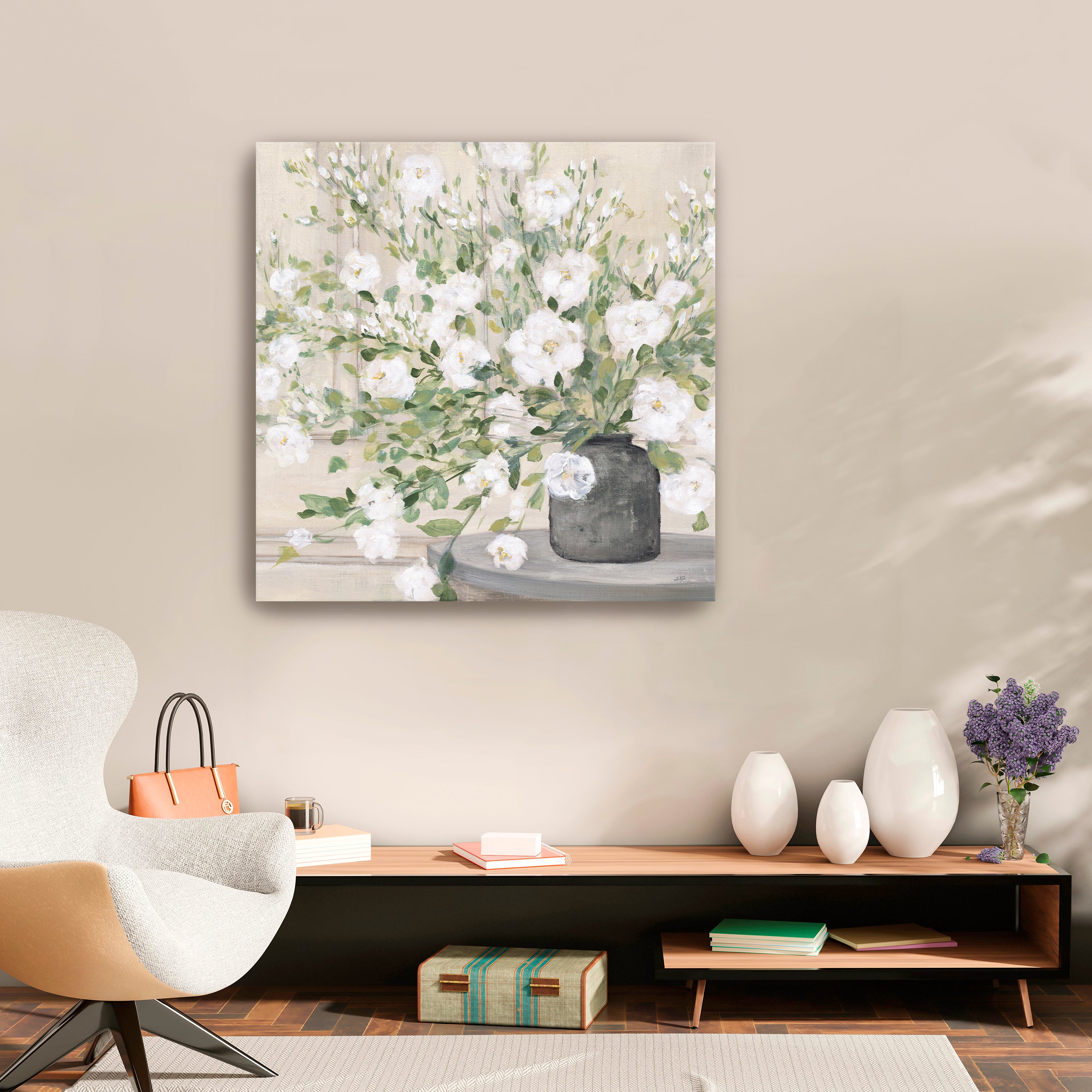 White Bouquet Gray Vase Canvas Giclee