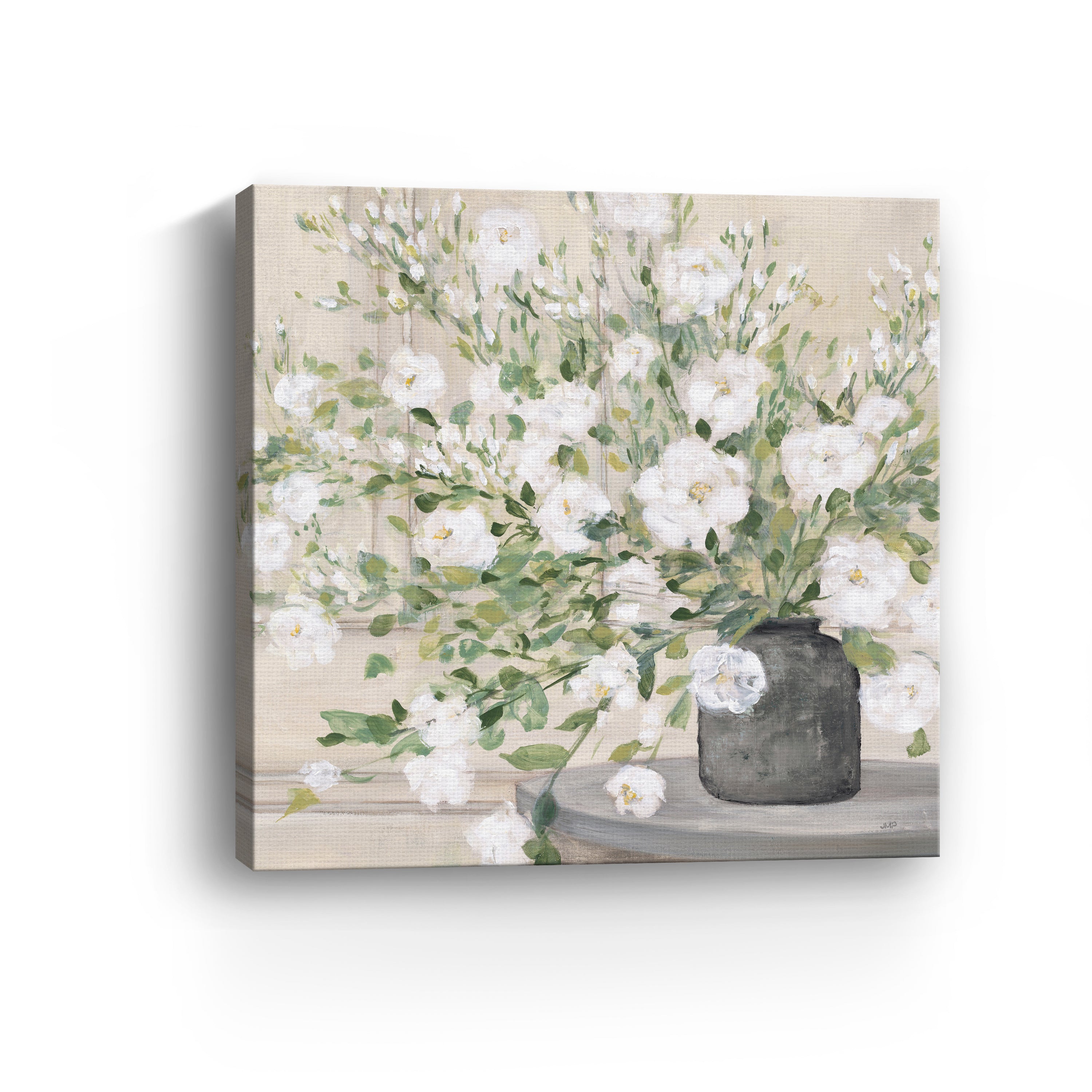 White Bouquet Gray Vase Canvas Giclee