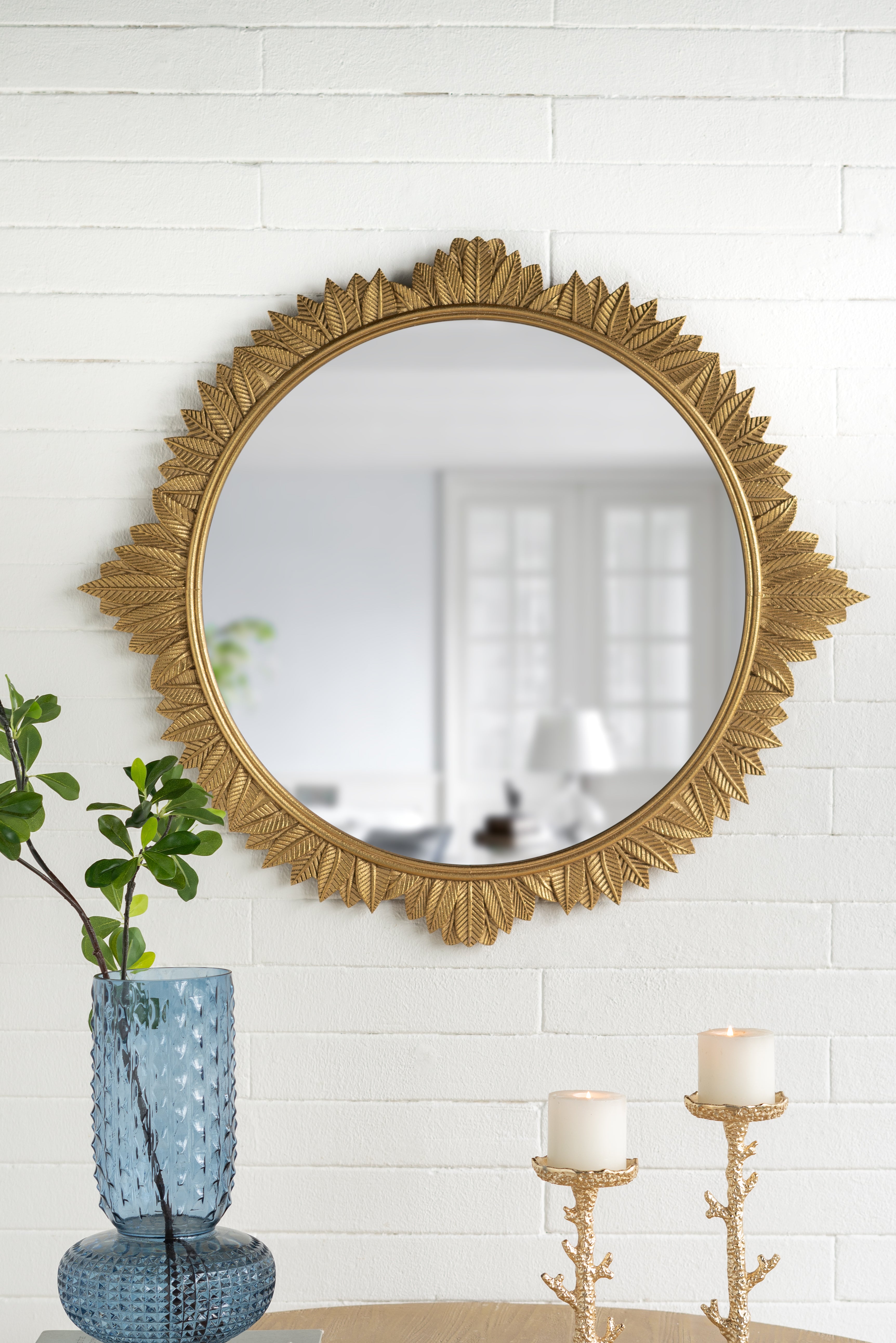 Round Wall Mirror with Ornate Gold Frame