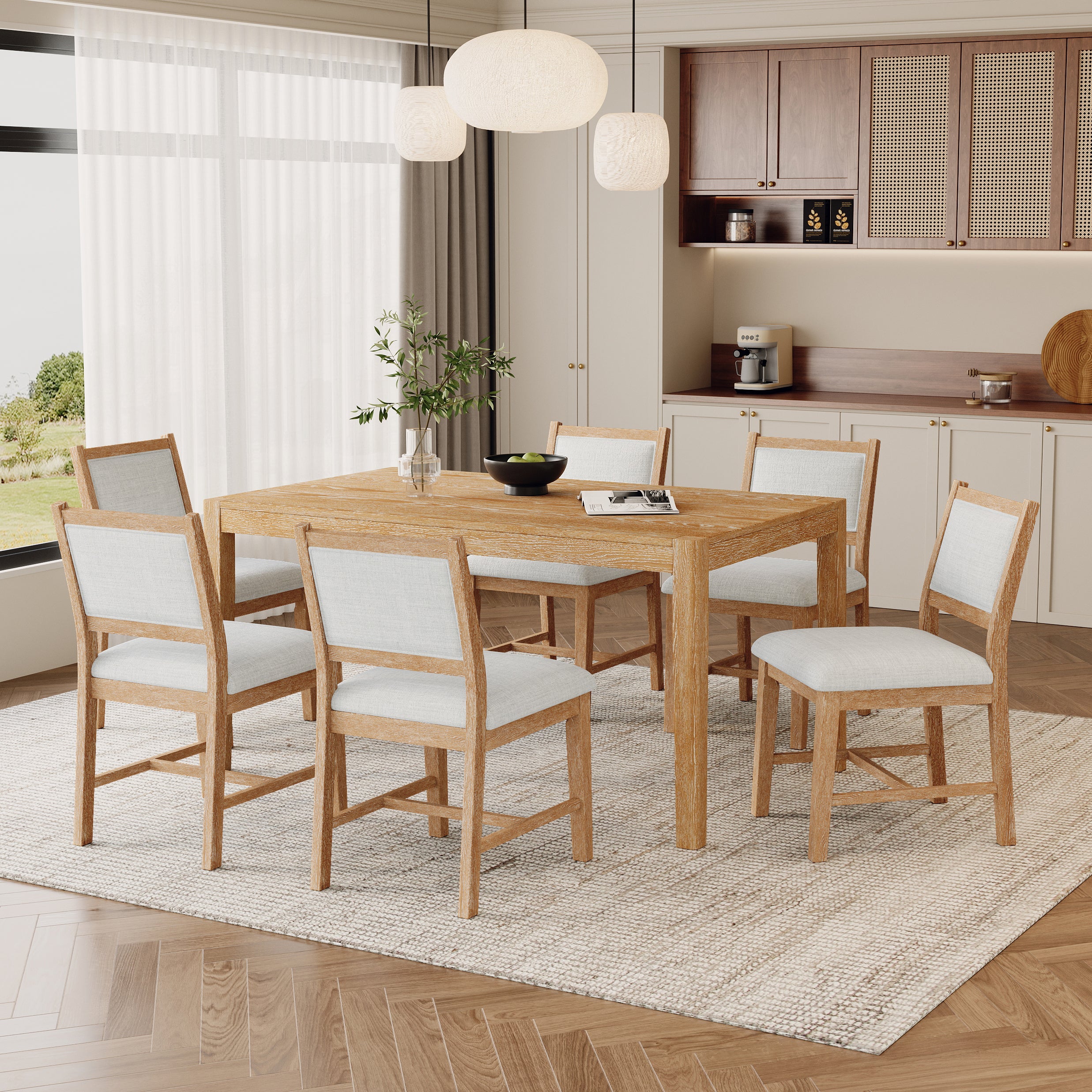 7-Piece Retro Dining Table Set with 6 Upholstered Chairs