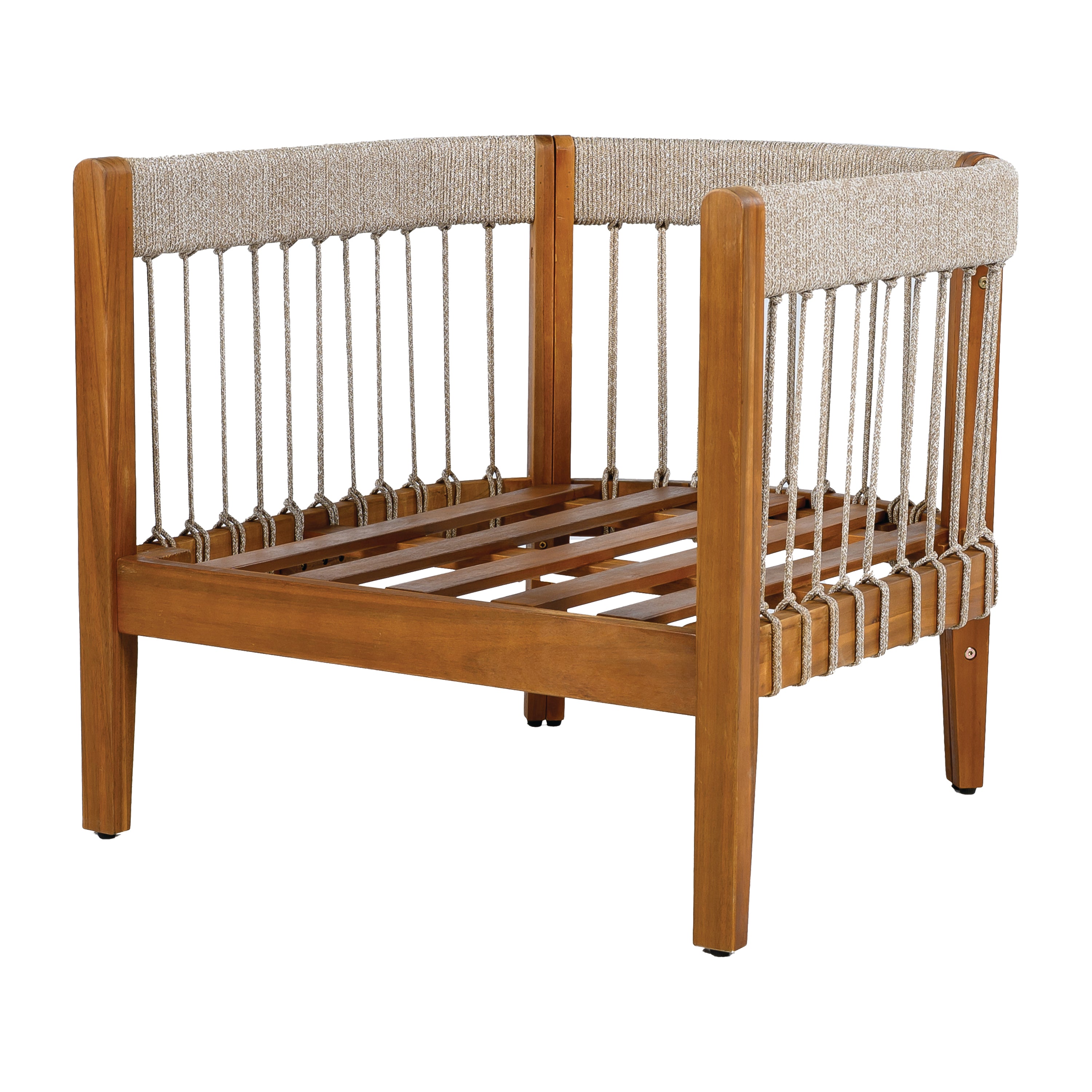 Azari Outdoor Acacia Wood Club Chair with Handwoven Rope Accents & Curved Backrest