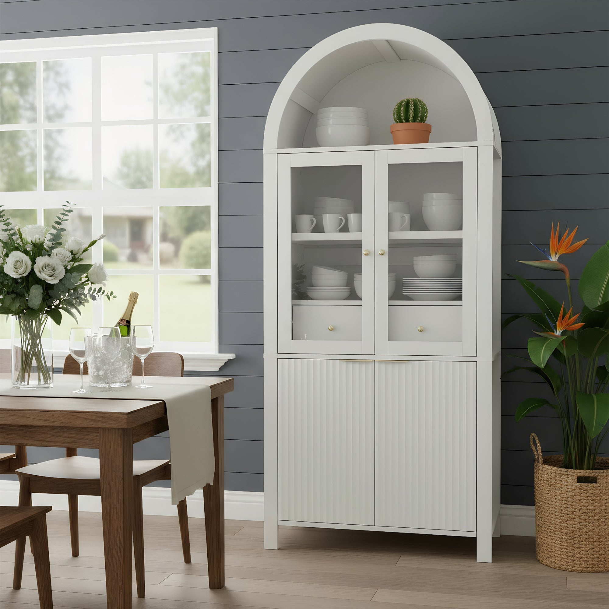 Fluted Arched Storage Cabinet with Adjustable Shelves