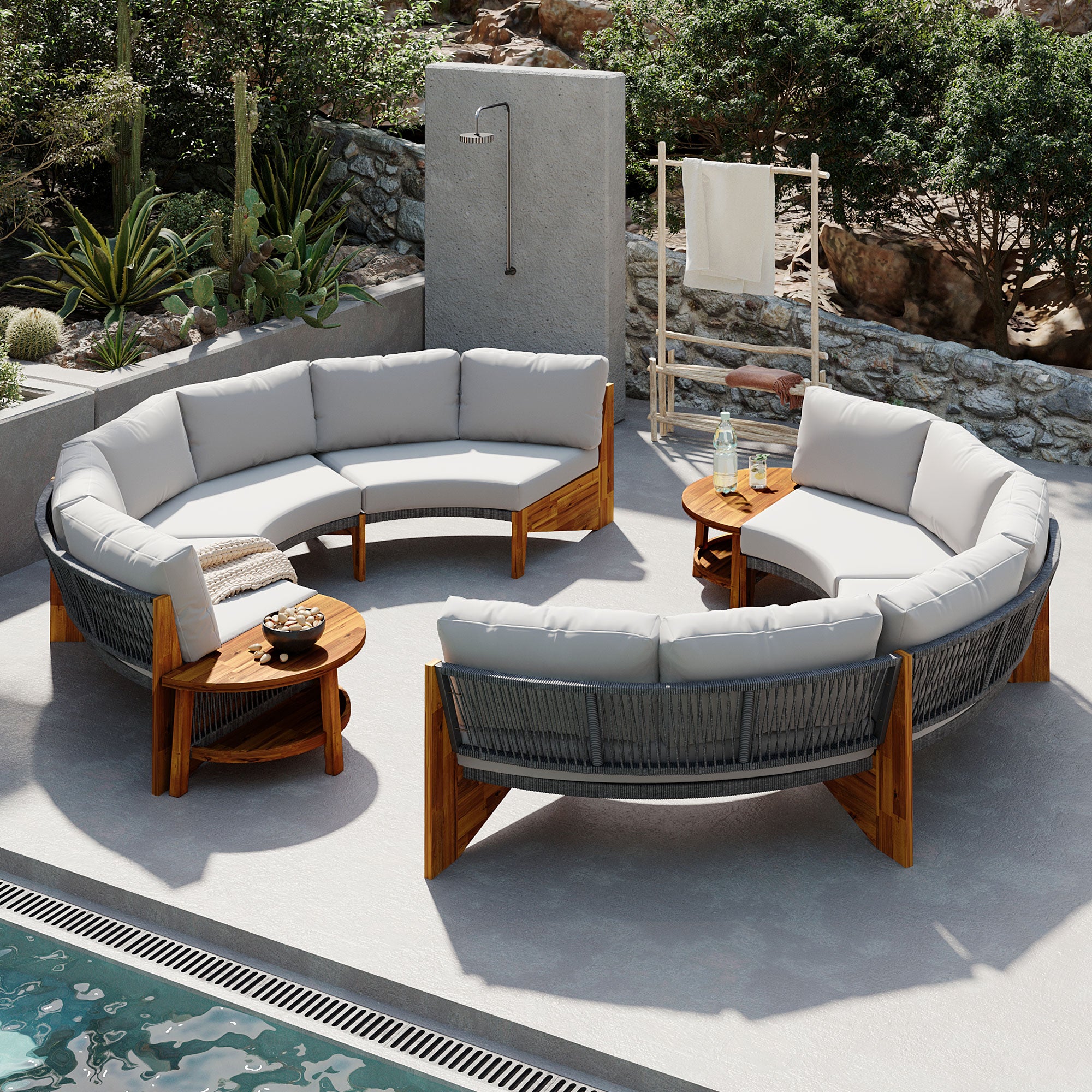 U_Style 3-Piece Outdoor Sofa Set for 6, 2 Semi-Circle Sofas + Acacia Wood Coffee Table, Weather-Resistant Patio Couch Set, Comfortable Garden & Backyard Furniture(old sku:WY000428AAA)