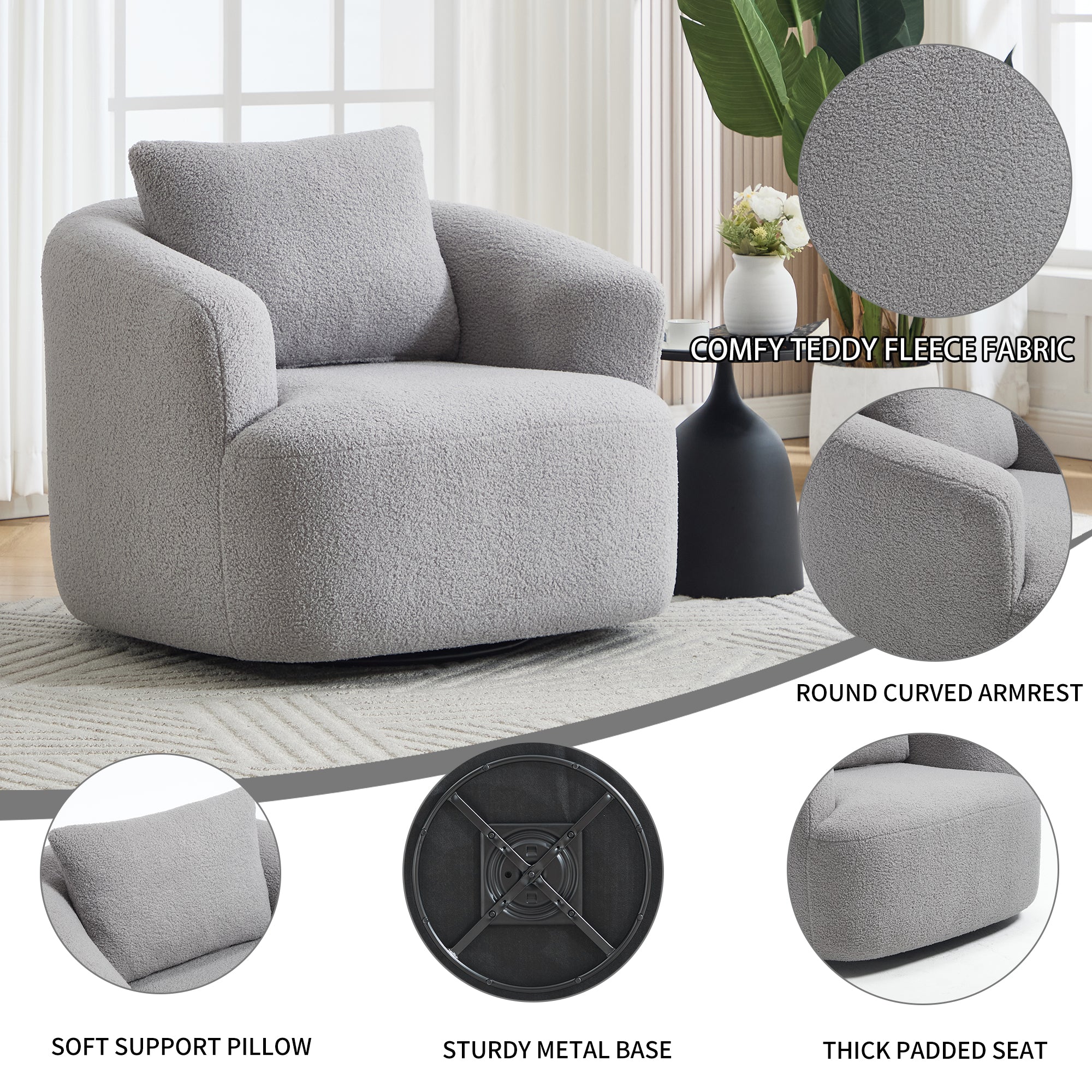 Teddy Fleece 360° Swivel Round Upholstered Comfy Accent Chair With Pillow