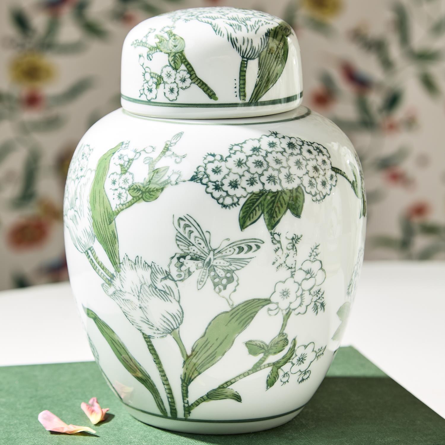 7 1/2" Primrose and Lotus Green and White Chinoiserie Ginger Jar with Lid